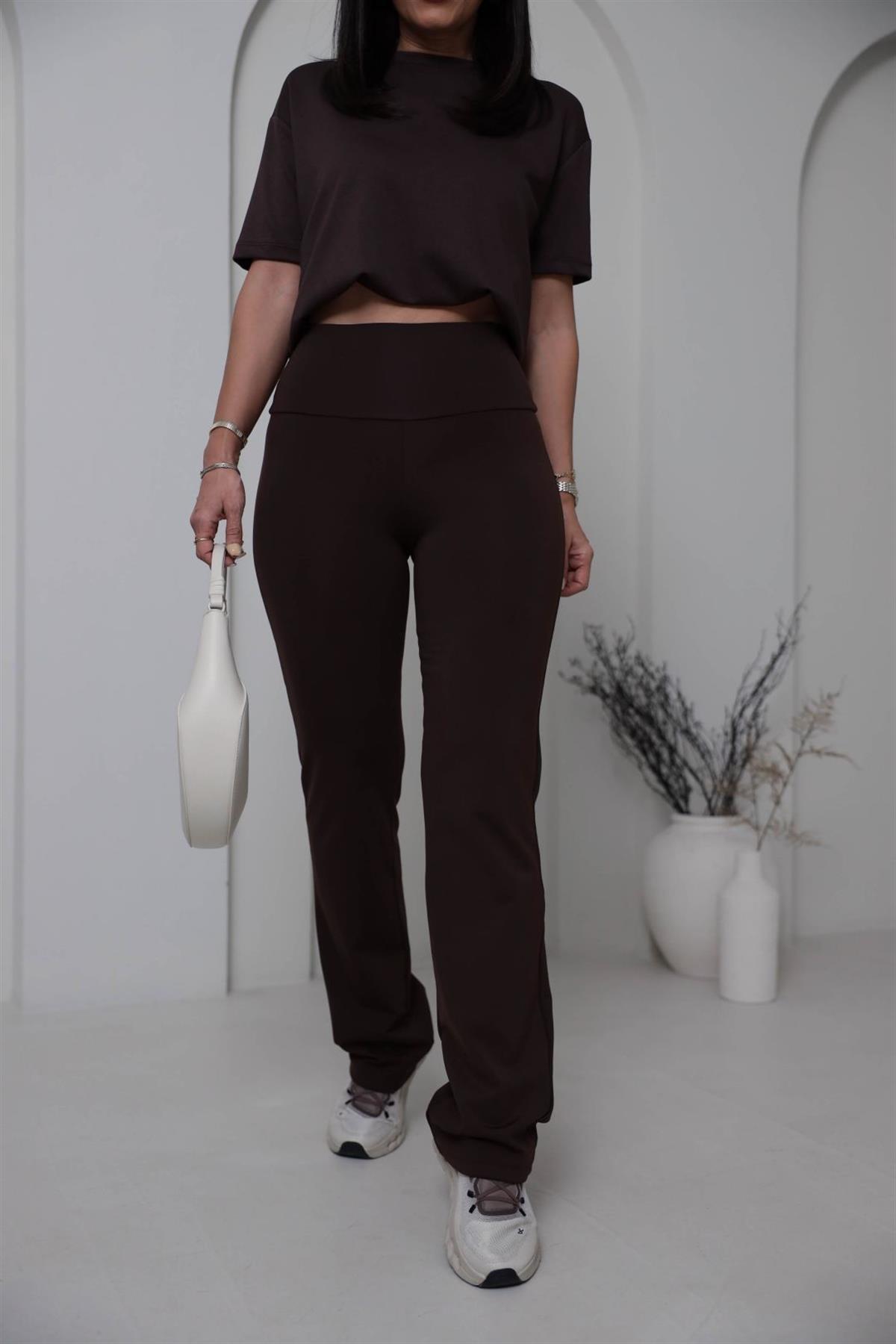 8515 Oys Şardonlu Flare Pantolon ACI KAHVE