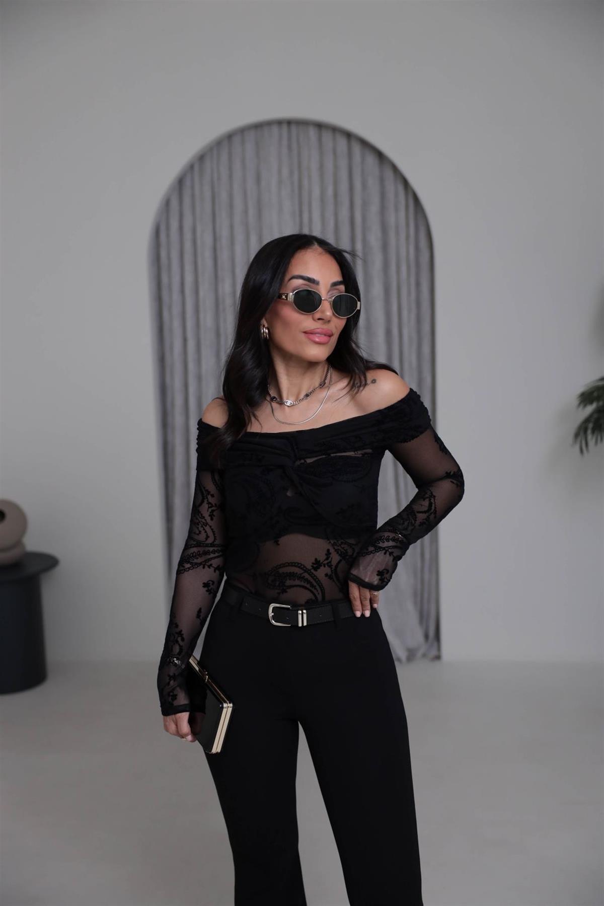 3227 Kadife Baskılı Omuz Detay Bluz SİYAH