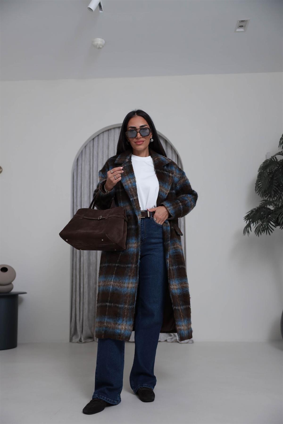 9751 Kare Desenli Yün Palto KAHVE