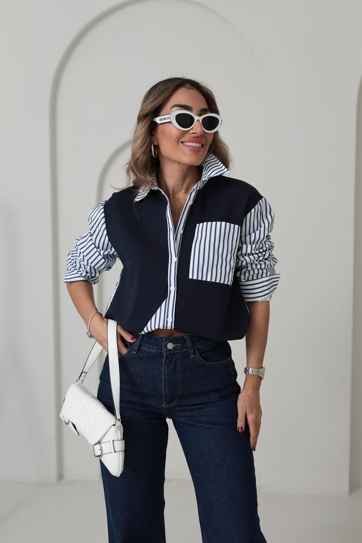 2988 Çizgili Poplin Garnili Gömlek LACİVERT