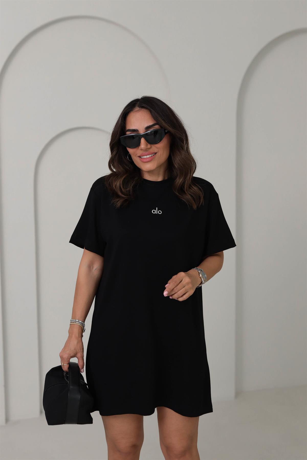 1570 Baskılı Modal Kumaş Rahat Kalıp Elbise SİYAH