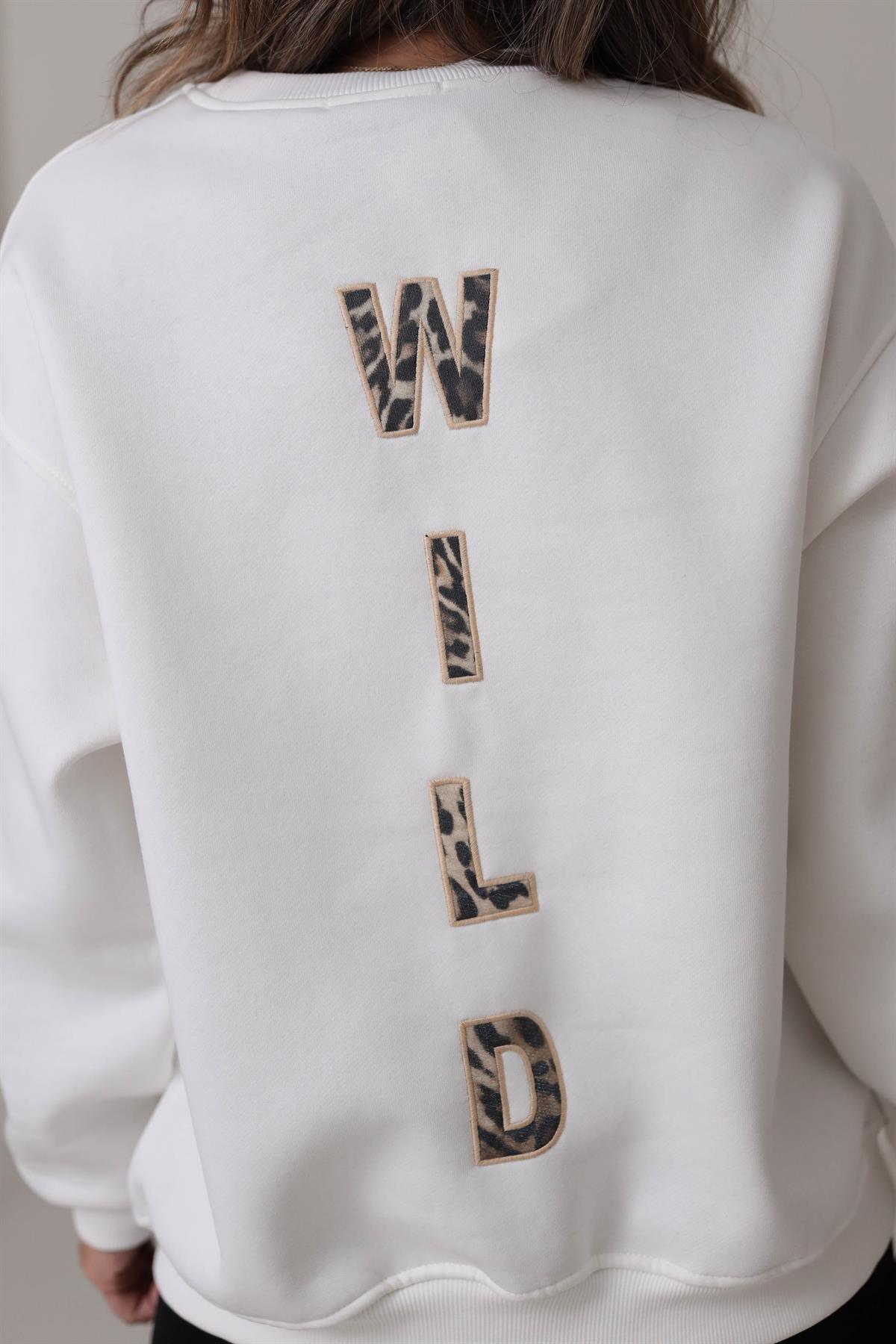 5617 Leopar Nakış Yarım Fermuarlı Şardonlu Sweatshirt EKRU