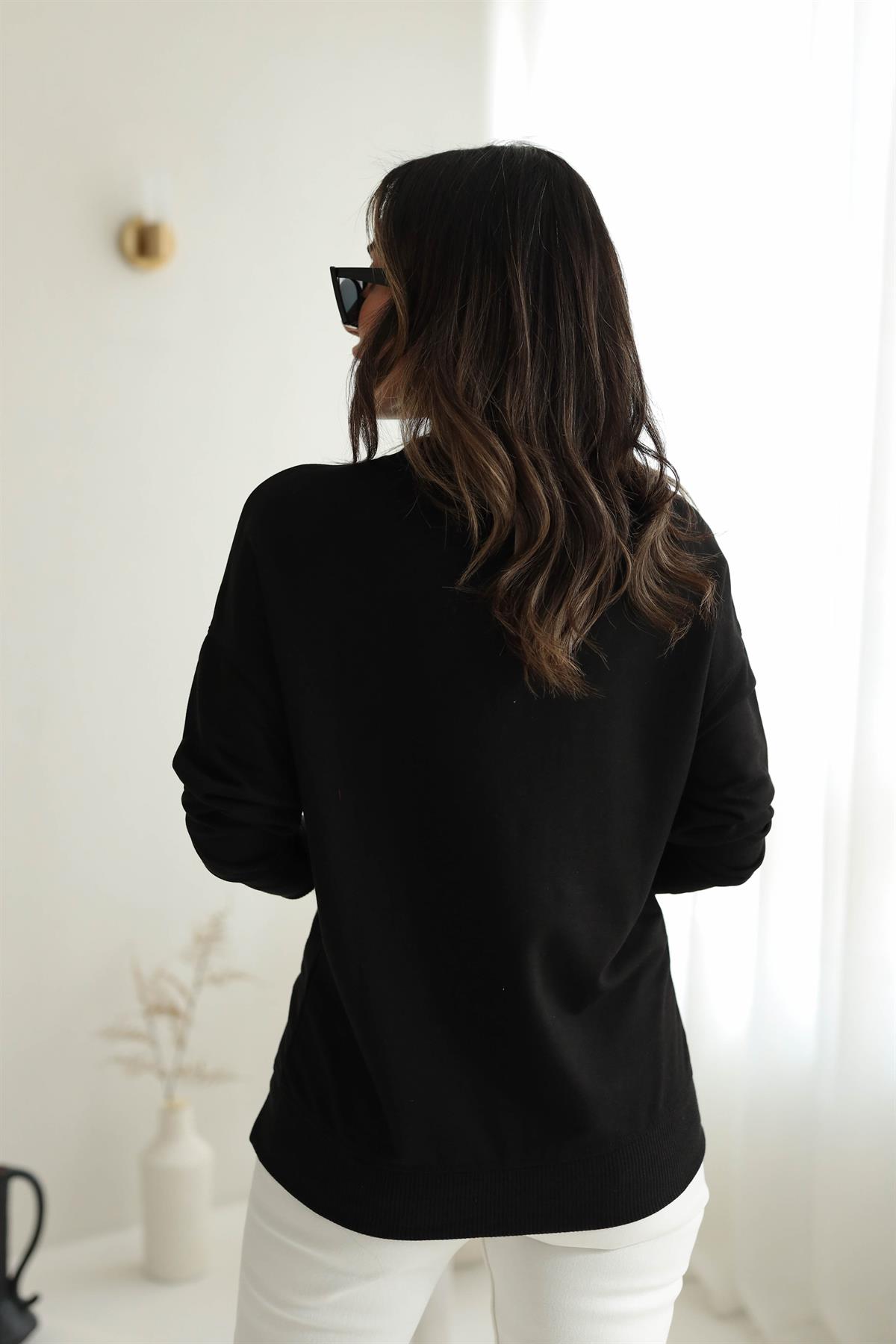 9002 Düz Basic Sweatshirt SİYAH