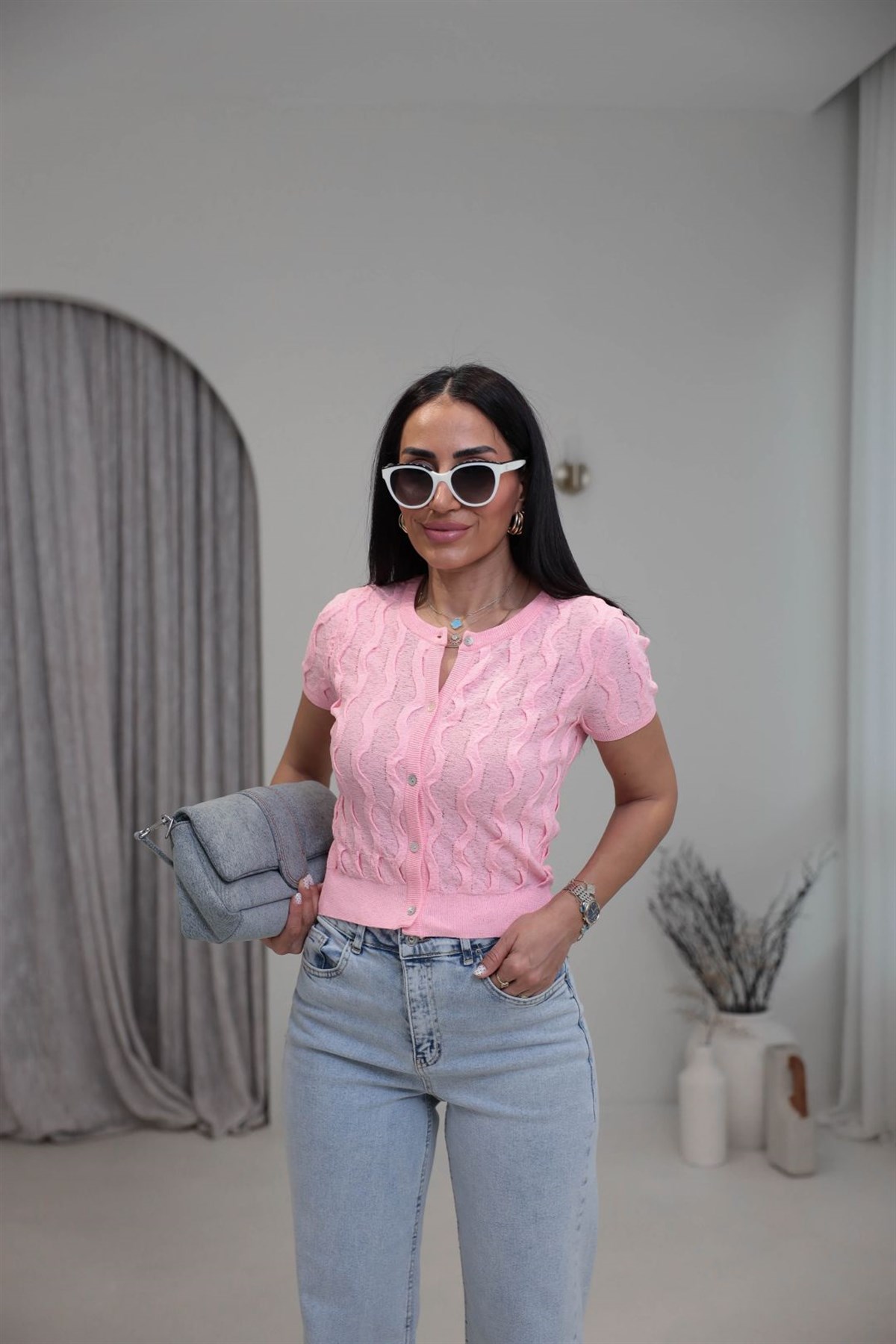 0980 Bisiklet Yaka Dokulu Düğmeli Triko PEMBE