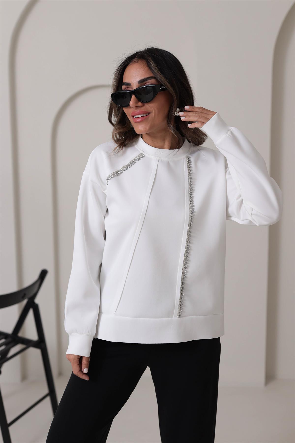 5368 Taş İşlemeli Scuba Kumaş Sweatshirt