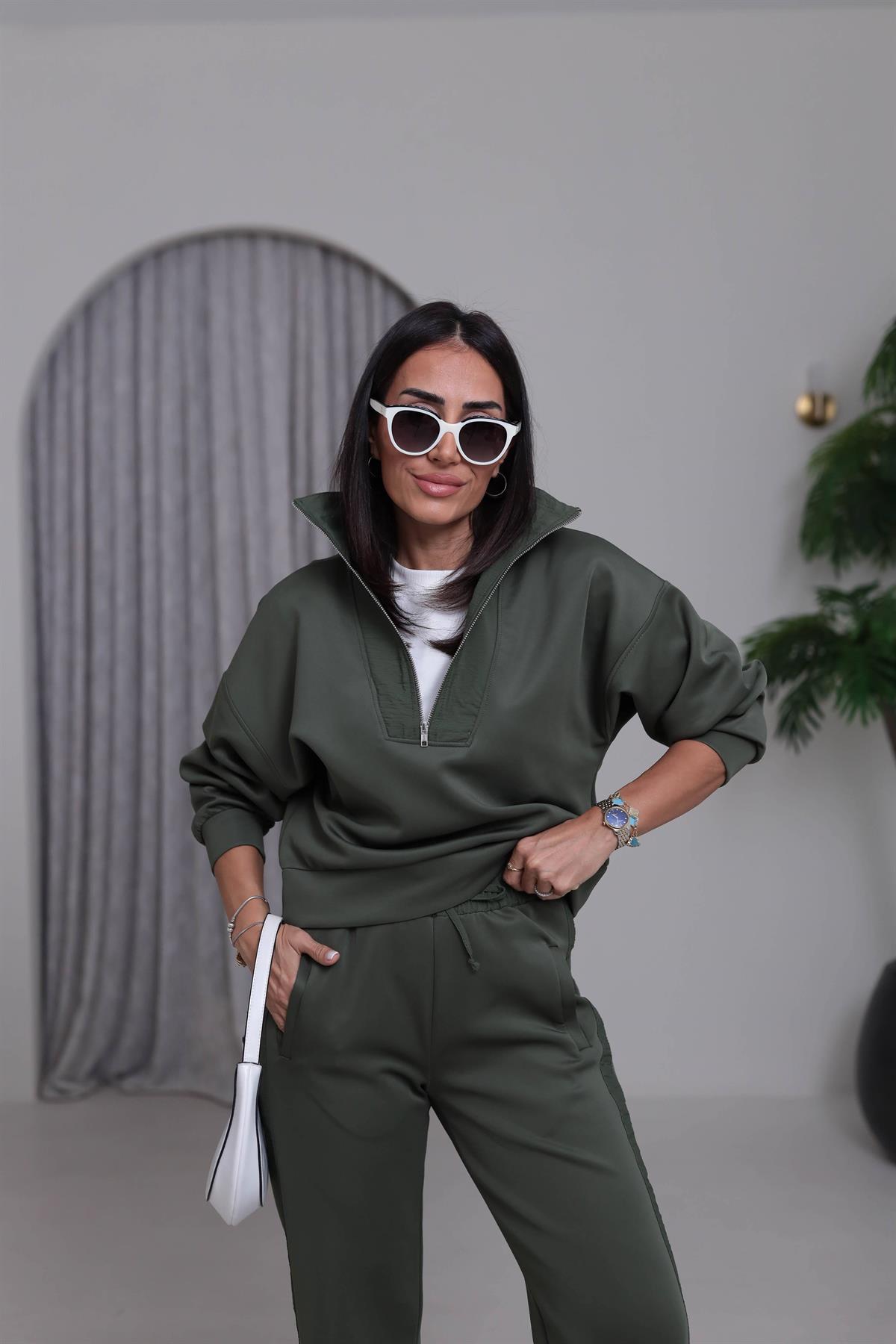 2624 Paraşüt Detaylı Yarım Fermuarlı Scuba Takım HAKİ YEŞİL