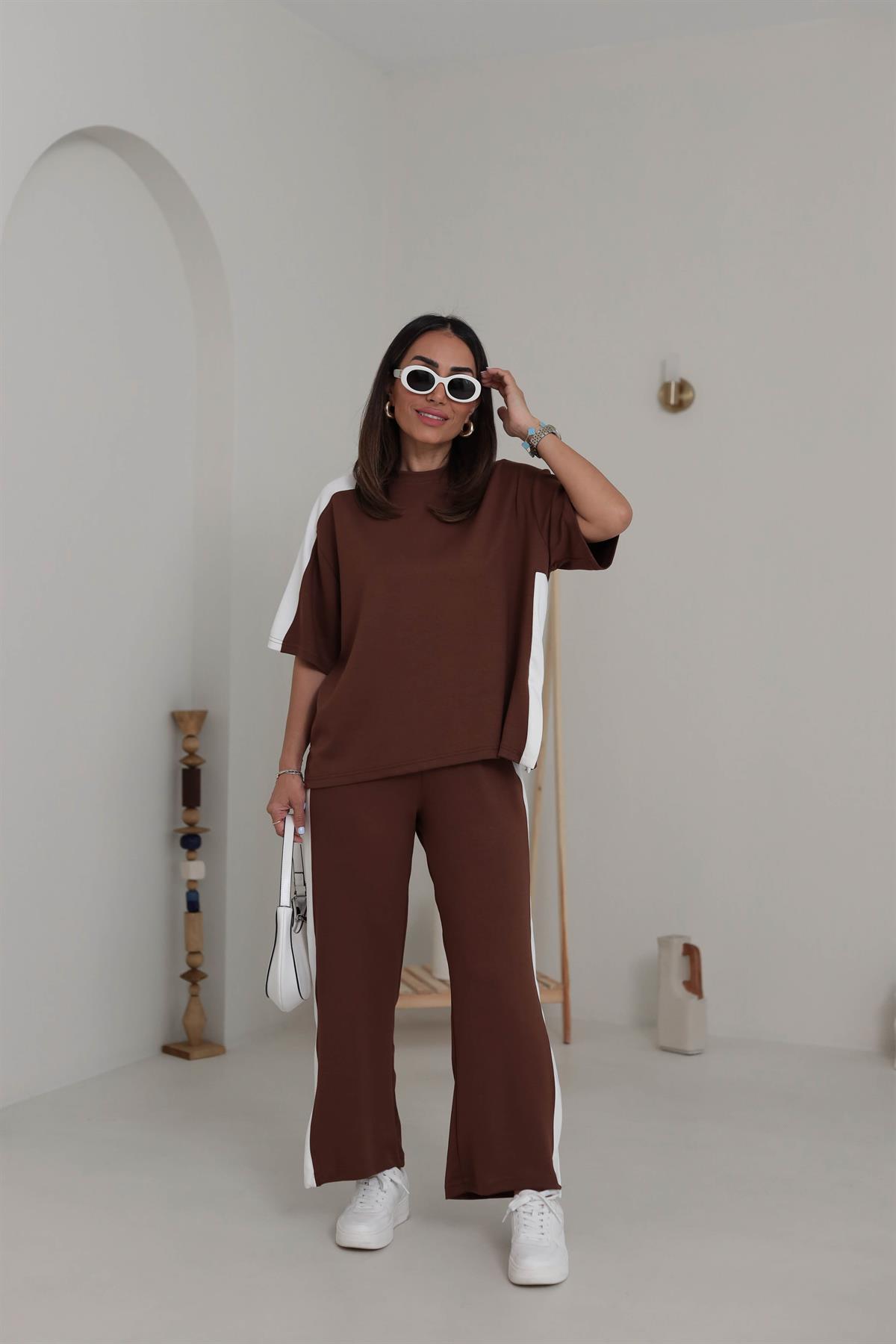 3417 Kontrastlı Paça Yırtmaçlı Rahat Modal Takım KAHVE