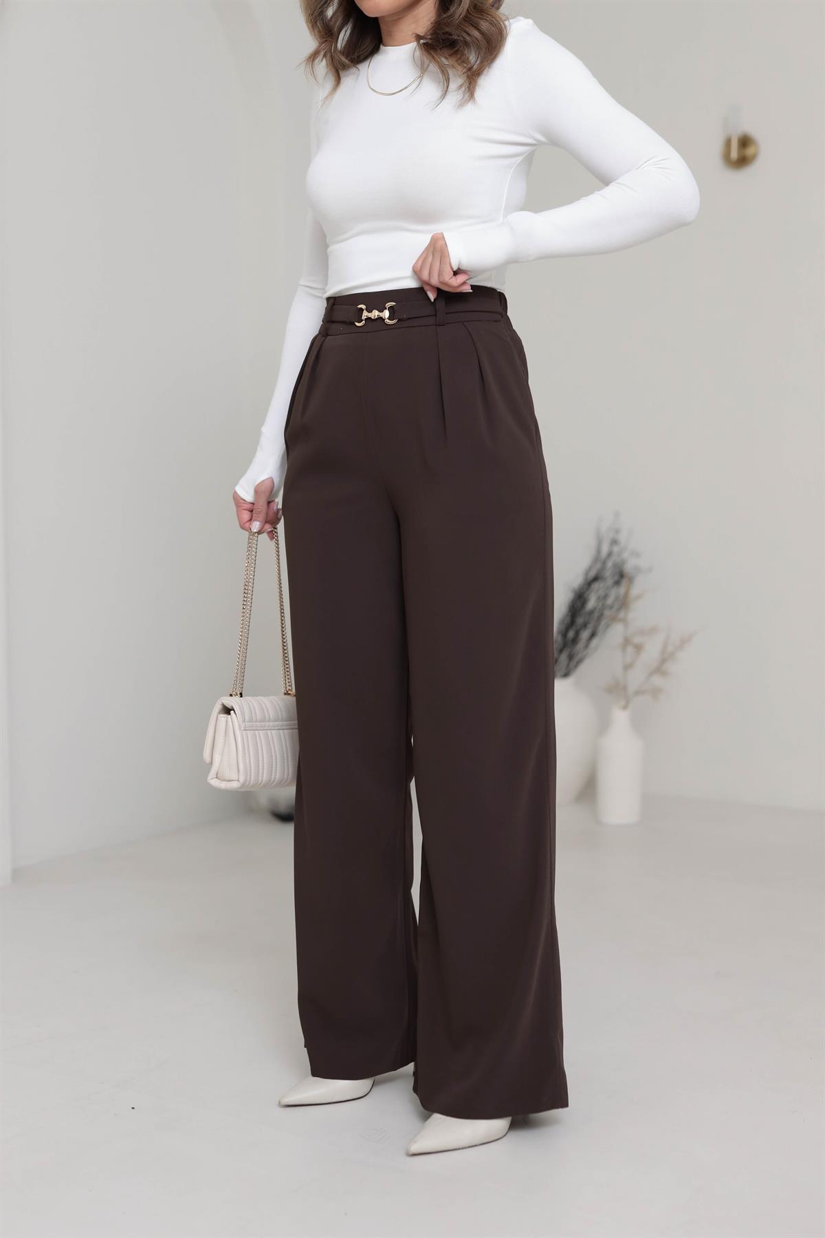 3704 Gold Aksesuarlı Bel Lastikli Salaş Pantolon KAHVE