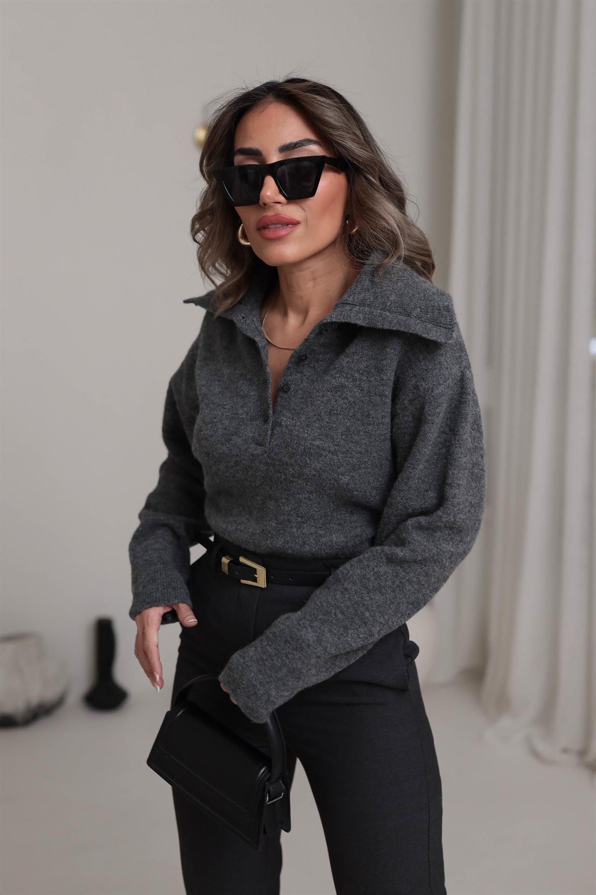 0679 Polo Yaka Yarım Düğmeli Kazak FÜME