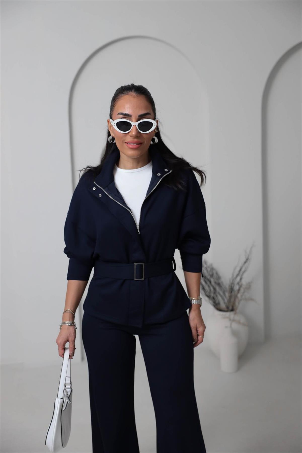 8616 Fermuarlı Kuşaklı Çıtçıt Detaylı Modal Takım LACİVERT