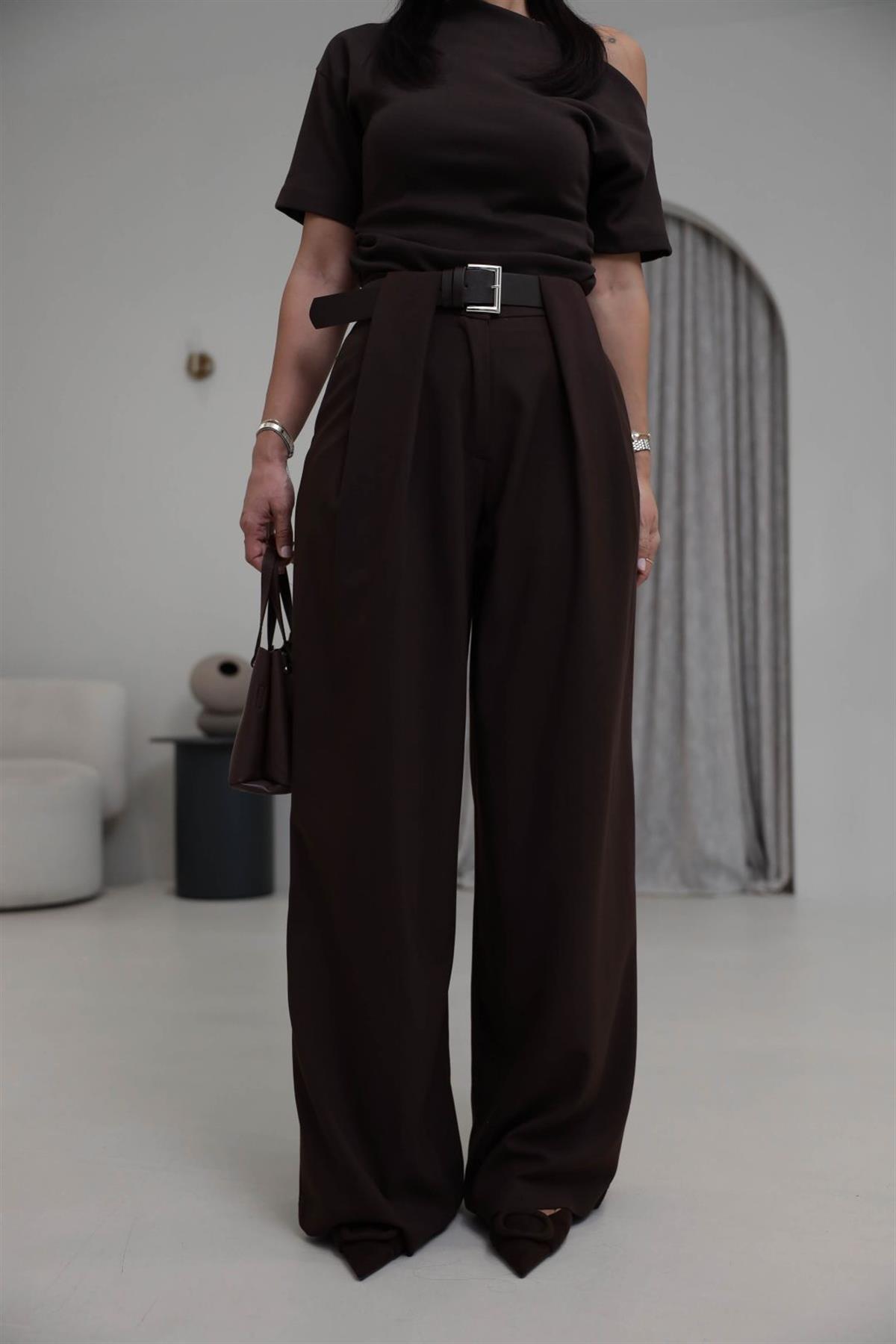 8465 Kemerli Pile Detaylı Kumaş Pantolon KAHVE