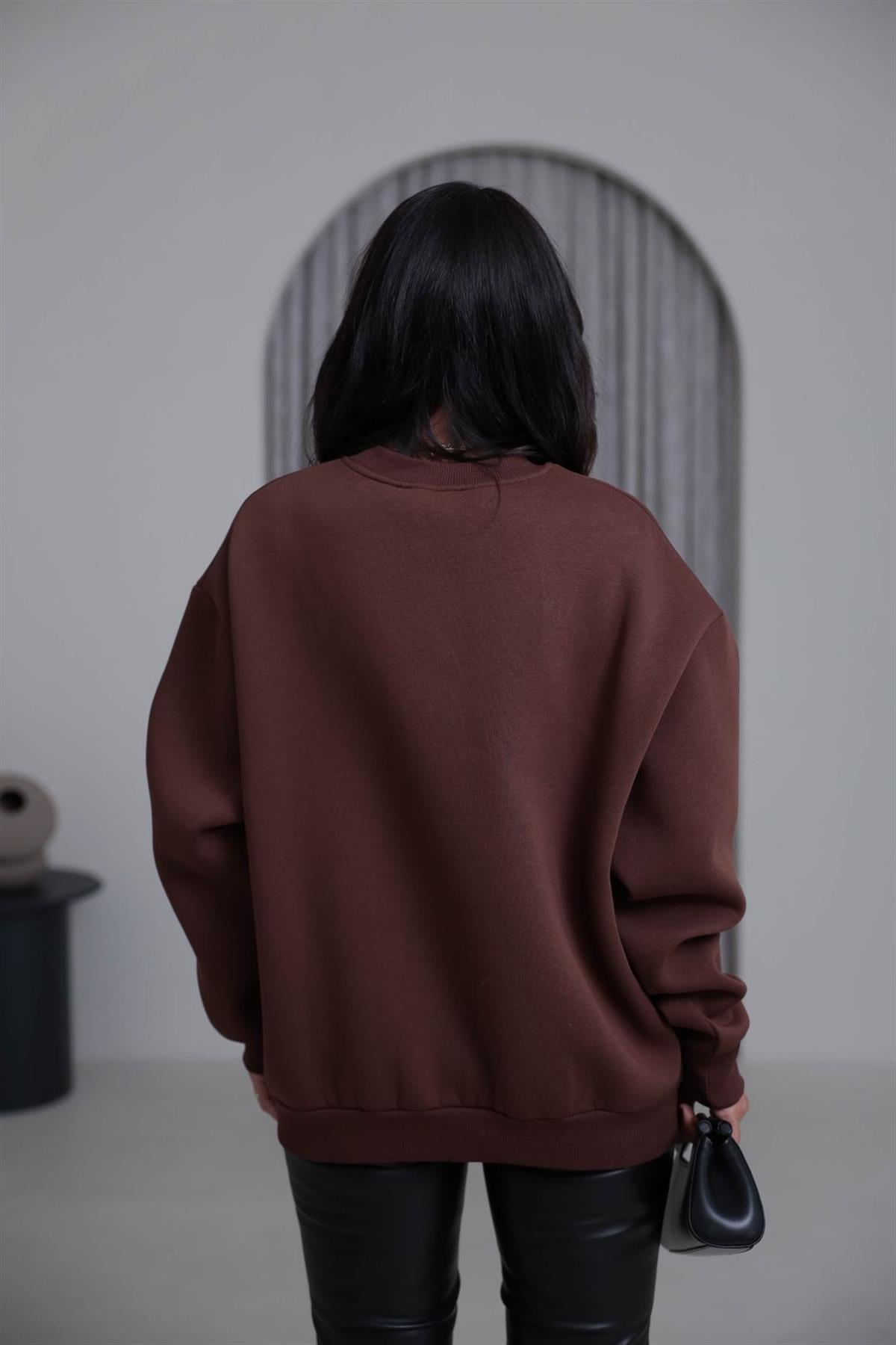6910 Taşlı Aplikeli Şardonlu Sweatshirt KAHVE