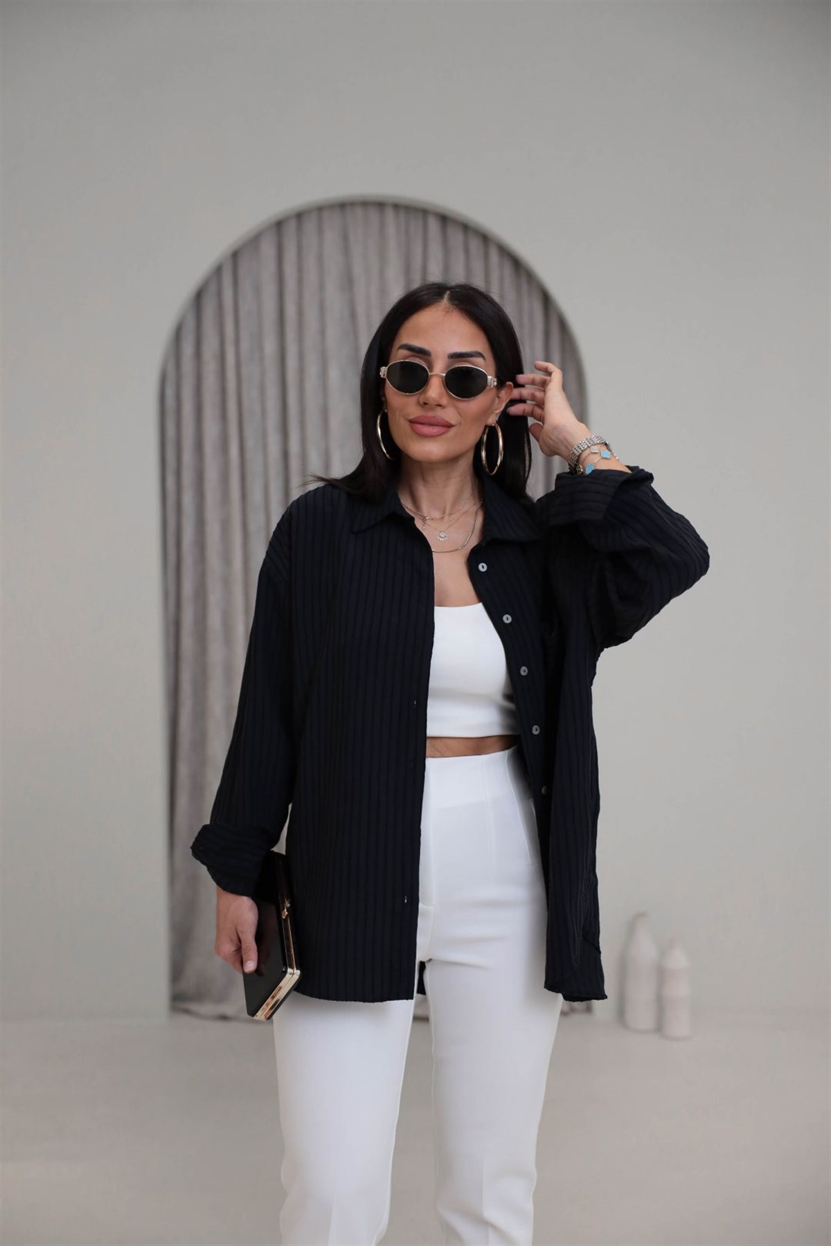 5000 Çizgili Modal Dokulu Oversize Gömlek SİYAH