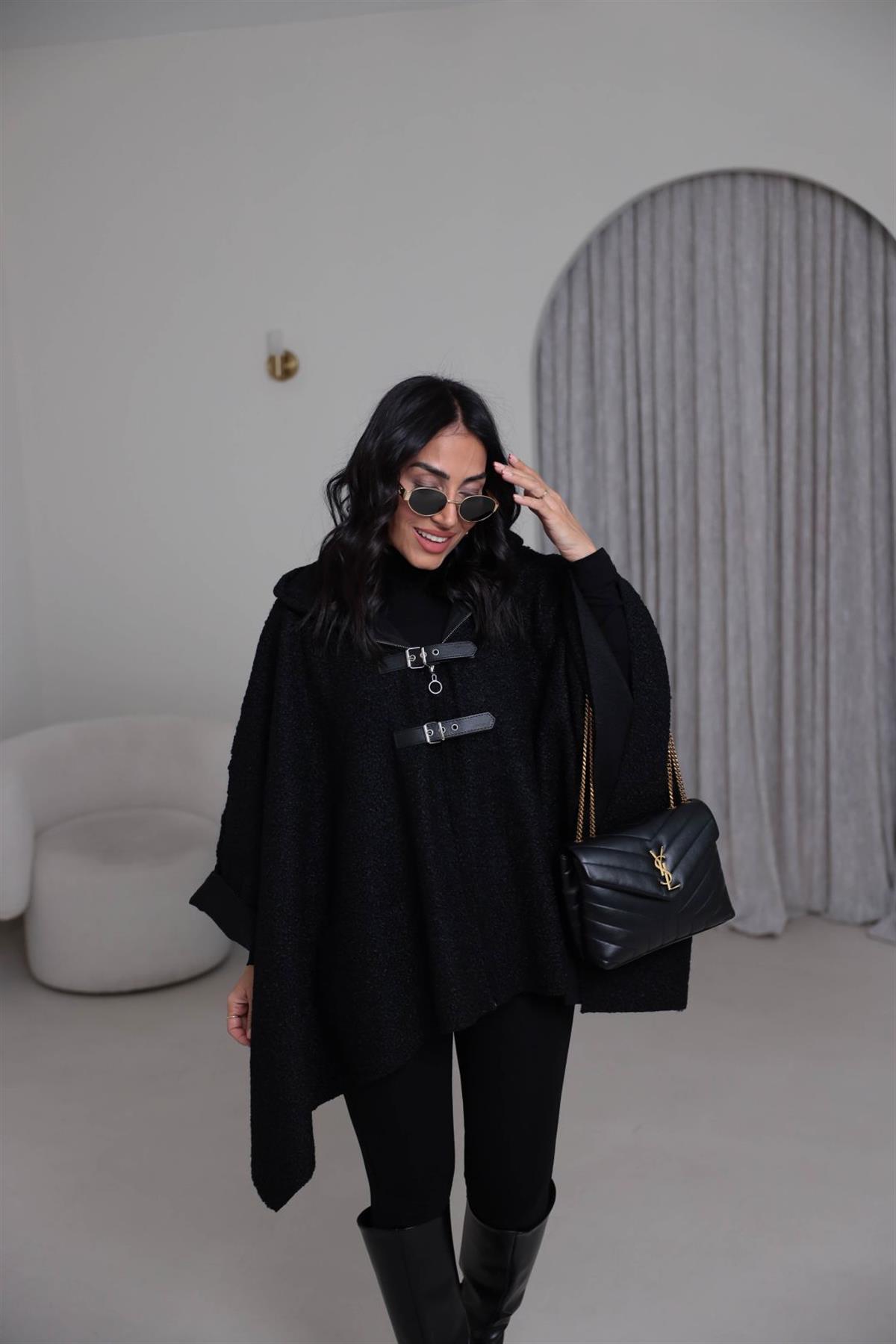 9175 Kemer Detay Kapşonlu Buklet Panço SİYAH