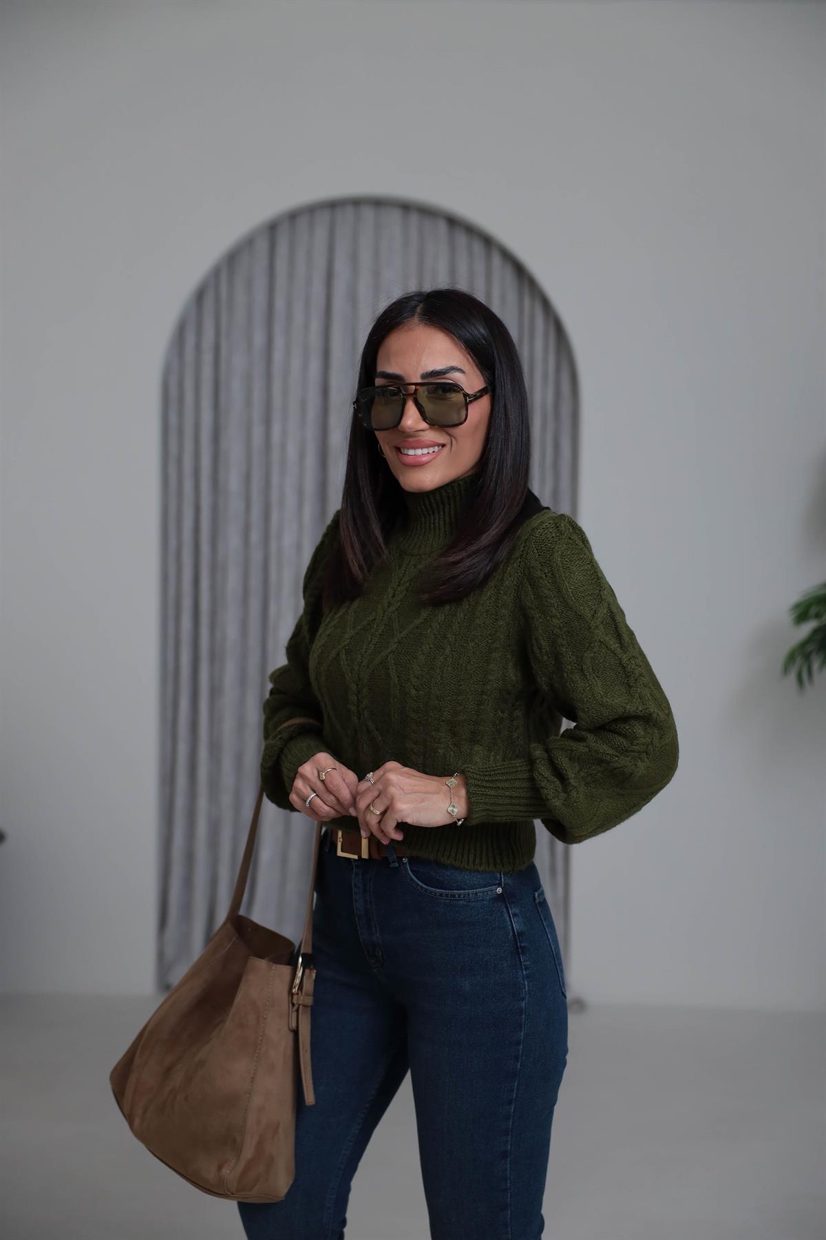 2549 Balıkçı Yaka Örgü Desen Kazak OLİVE