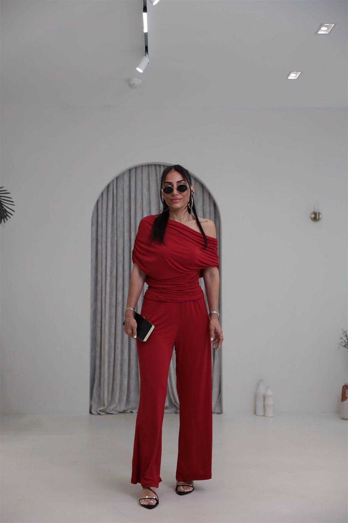 5388 Dökümlü Drapeli Sandy Bluz Pantolon Takım KIRMIZI