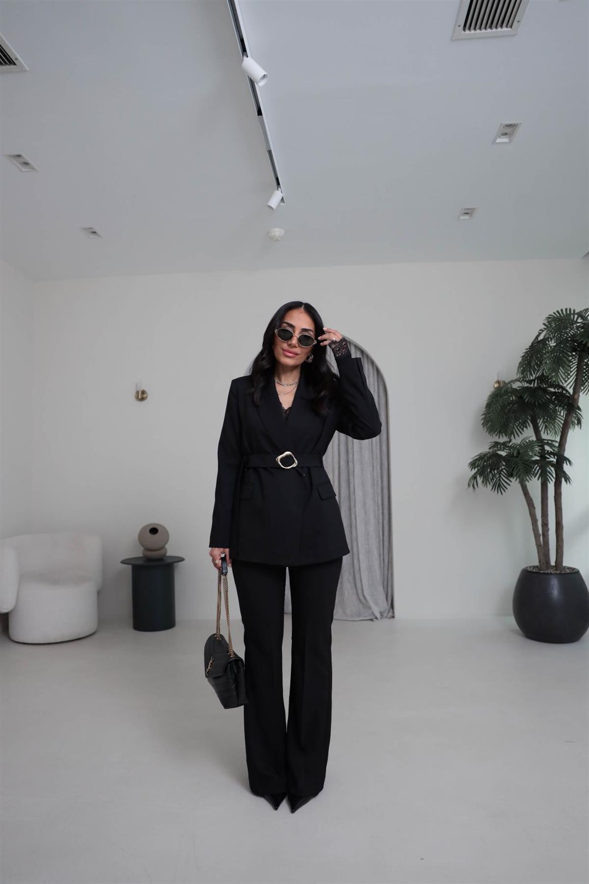 0310 Kemerli Ceketli Pantolon Takım SİYAH