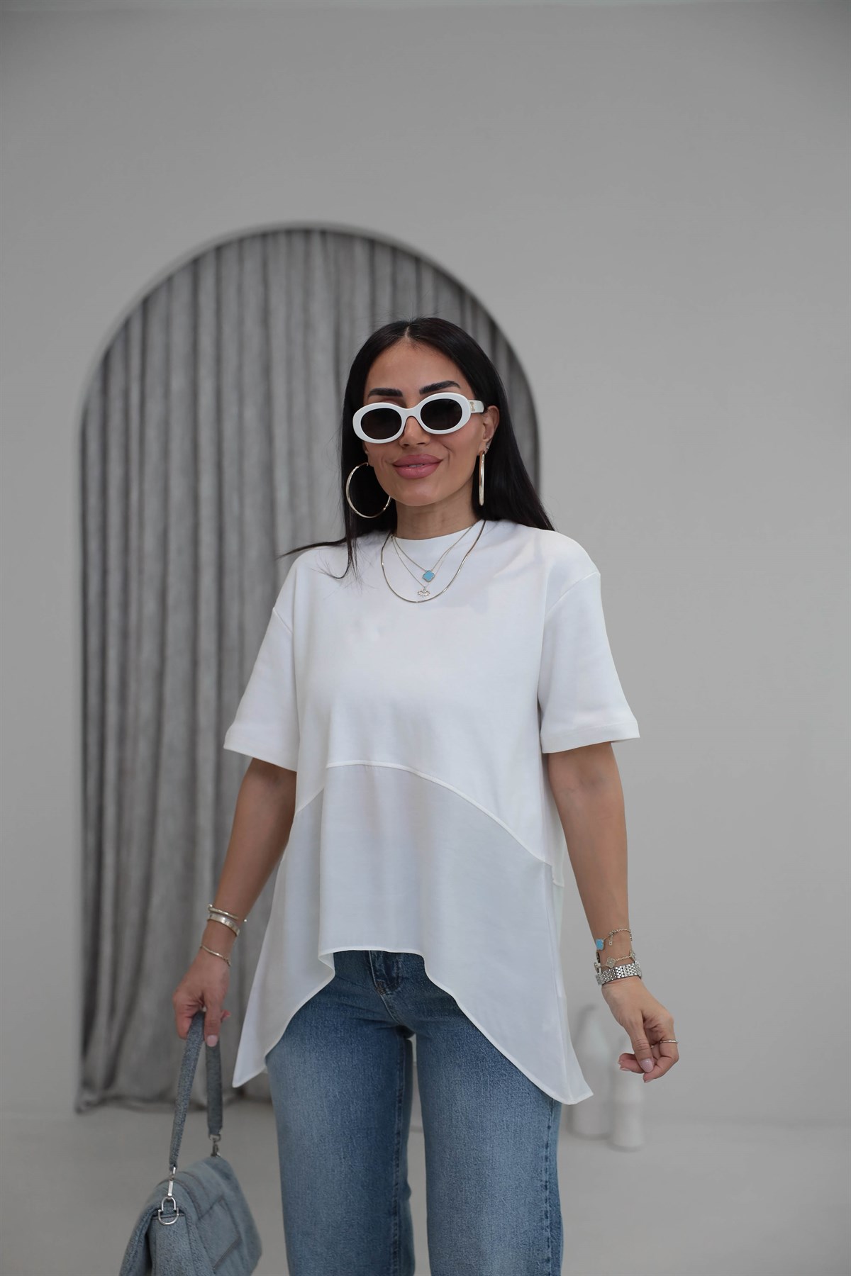 8204 Bisiklet Yaka Tencel Garnili Dökümlü Tshirt EKRU