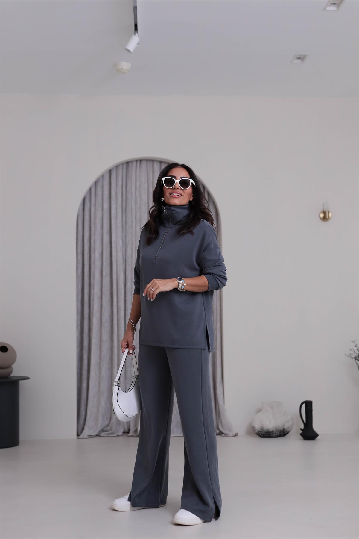 Yanları Yırtmaç Detaylı Yarım Fermuarlı Modal Takım ANTRASİT