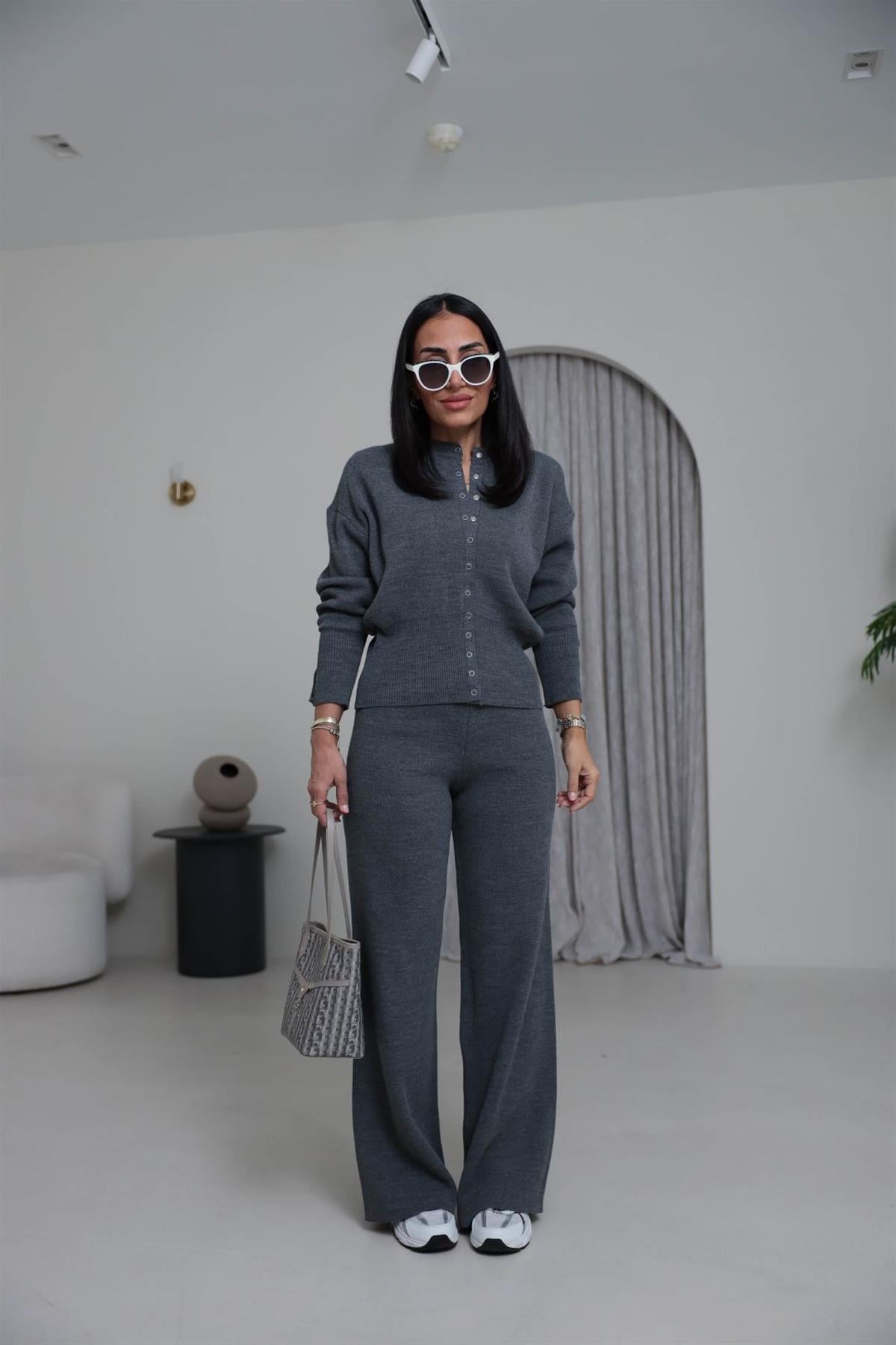 0129 Bisiklet Yaka Çıtçıt Detaylı Triko Takım KOYU GRİ