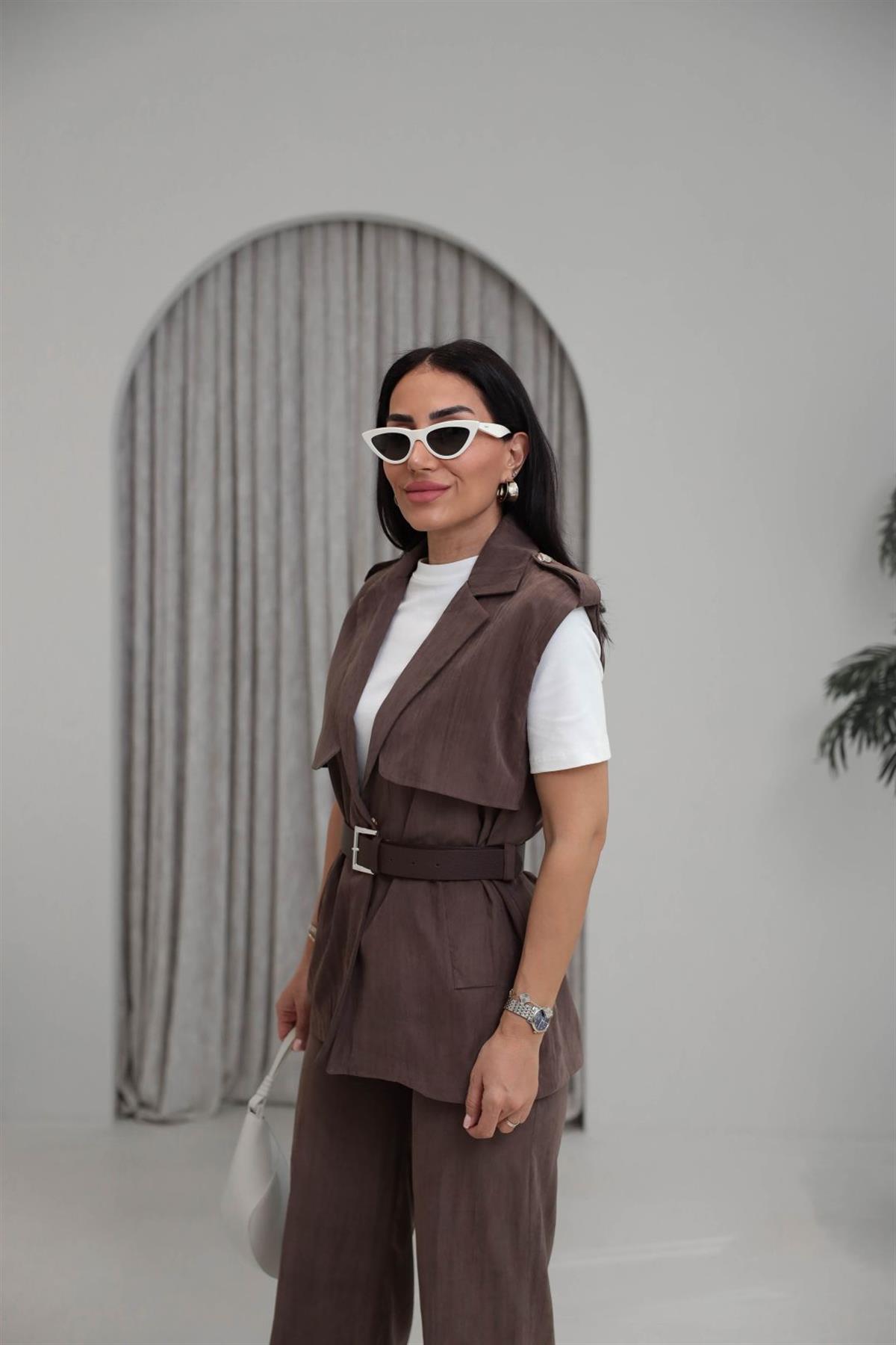 0719 Kemerli Tencel Kumaş Pantolon Yelek Takım KAHVE