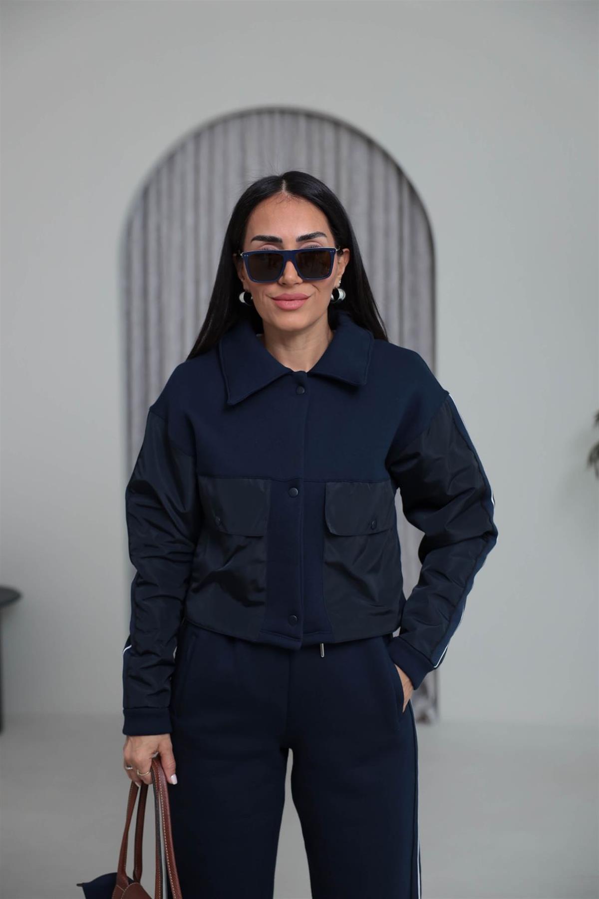 4076 Paraşüt Garnili 3 İplik Polo Yaka Çıtçıtlı Takım LACİVERT