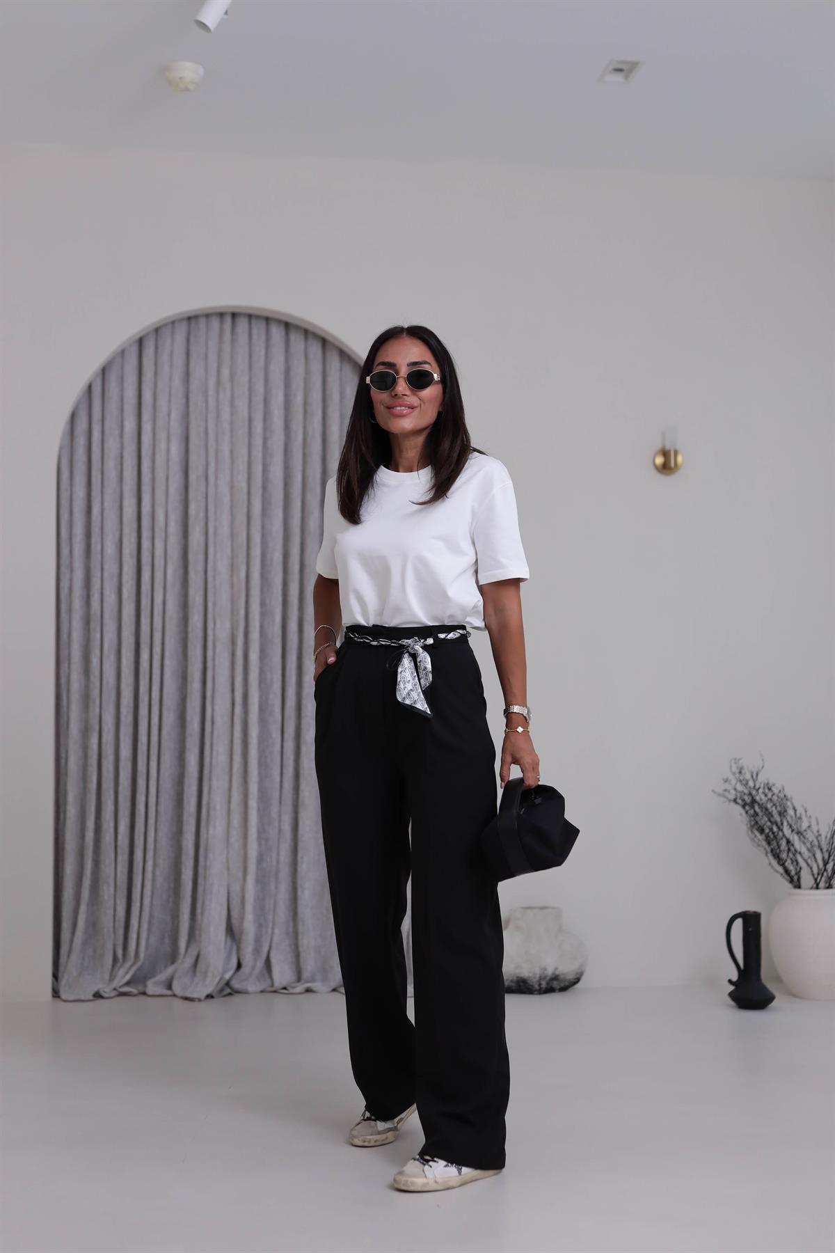 0522 Fularlı Kemerli Palazzo Pantolon SİYAH