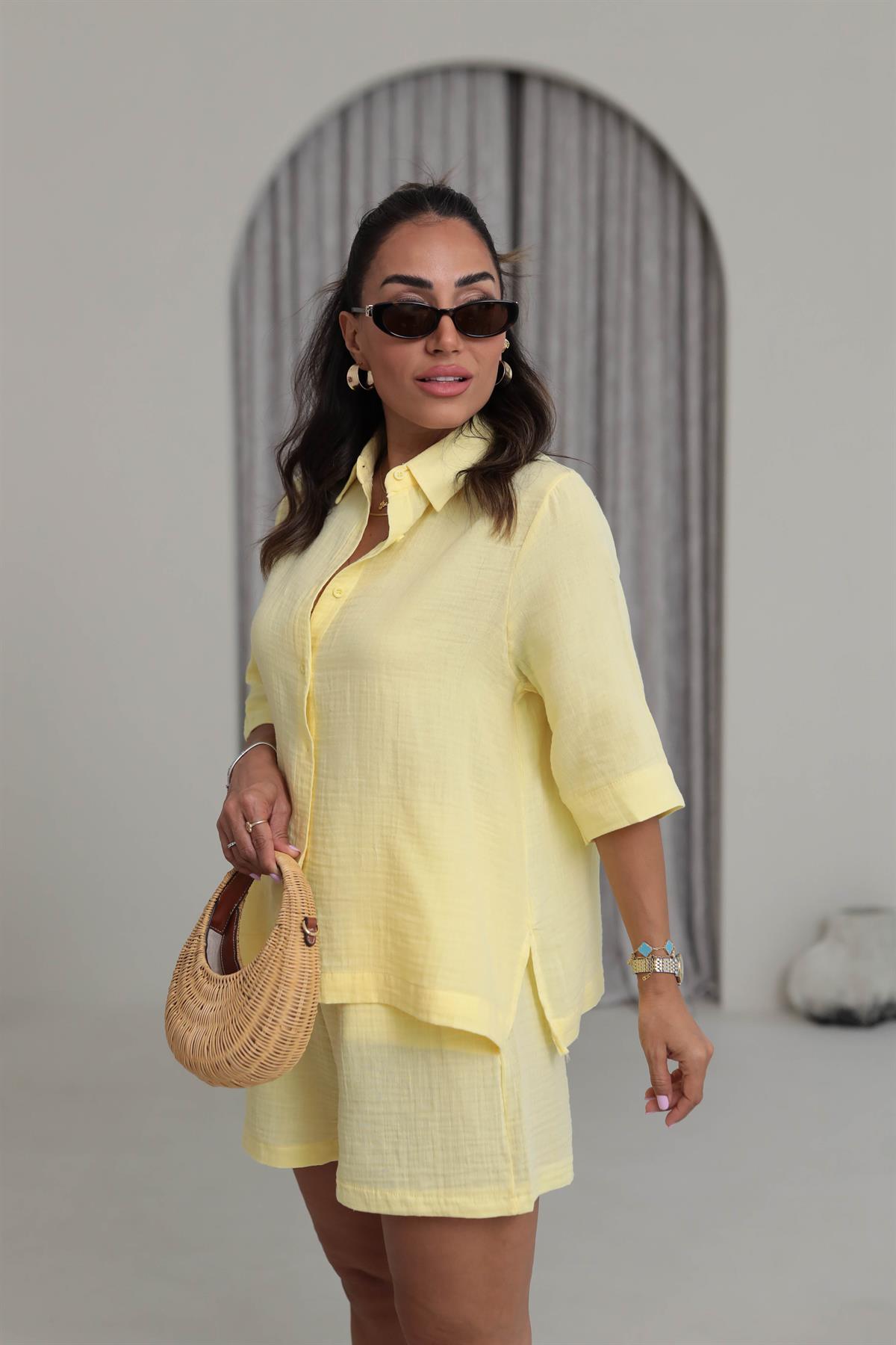 0427 Müslin Kumaş Gömlek Şort Takım SARI