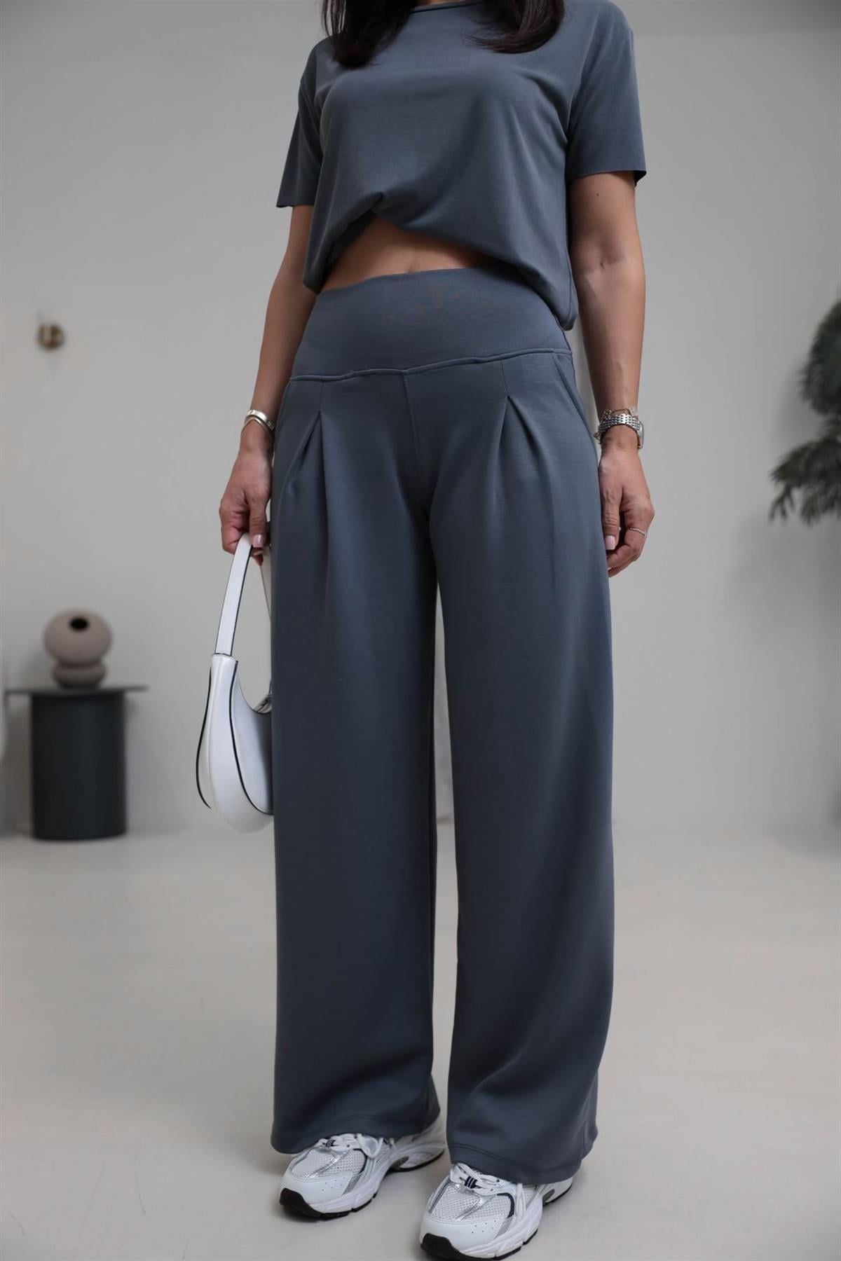 1202 Lulu Geniş Kemerli Piliseli Modal Pantolon ANTRASİT