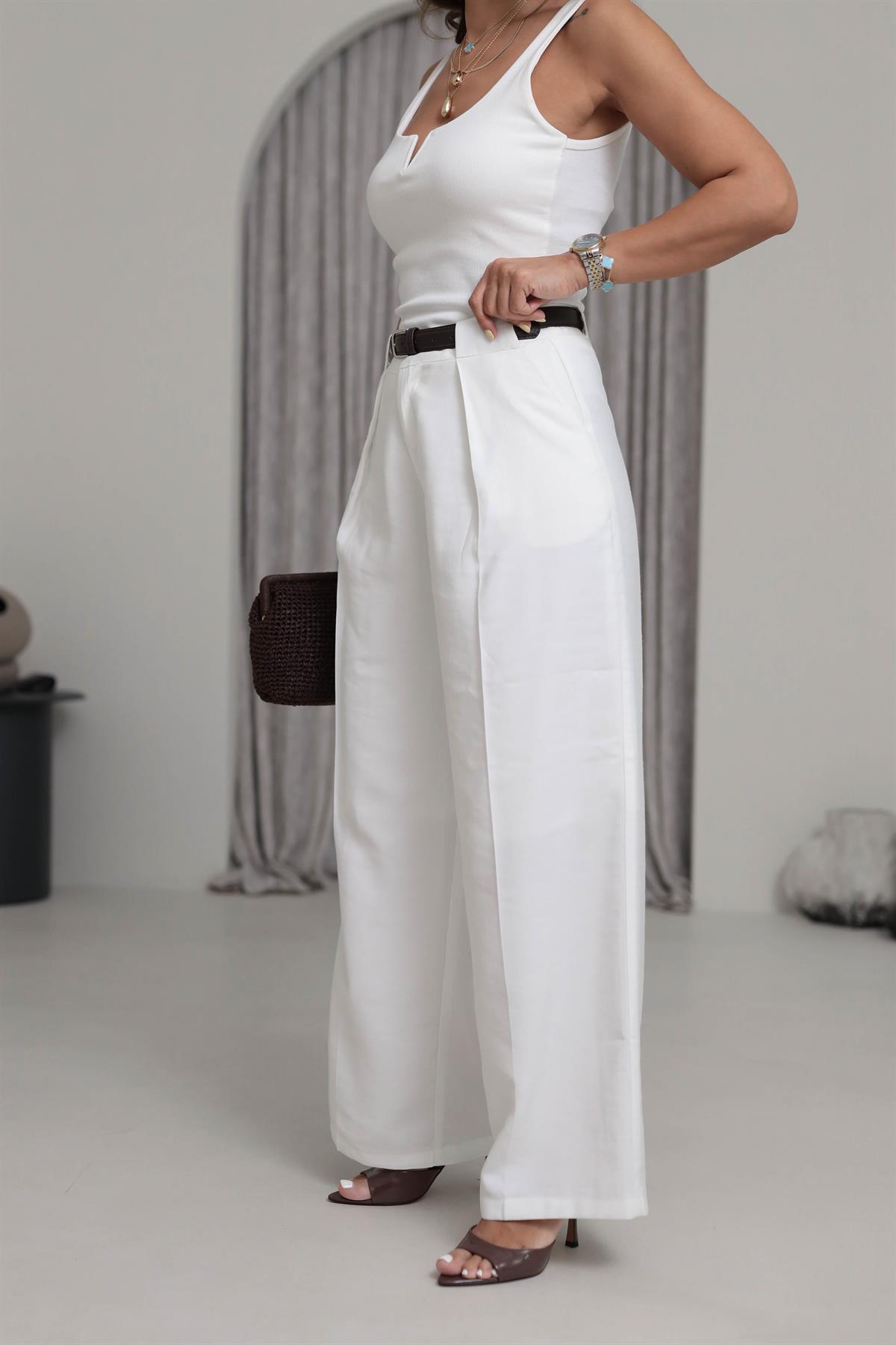 7255 Kemerli Astarlı Palazzo Pantolon EKRU