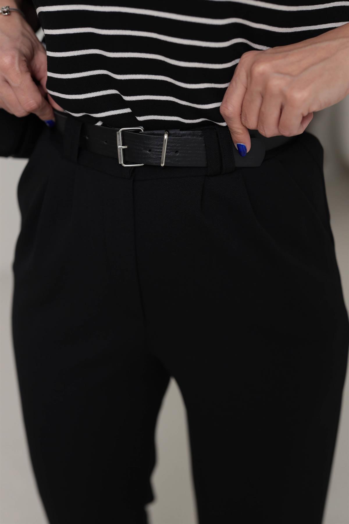 3851 Çift Pile Detaylı Kemerli Palazzo Pantolon SİYAH