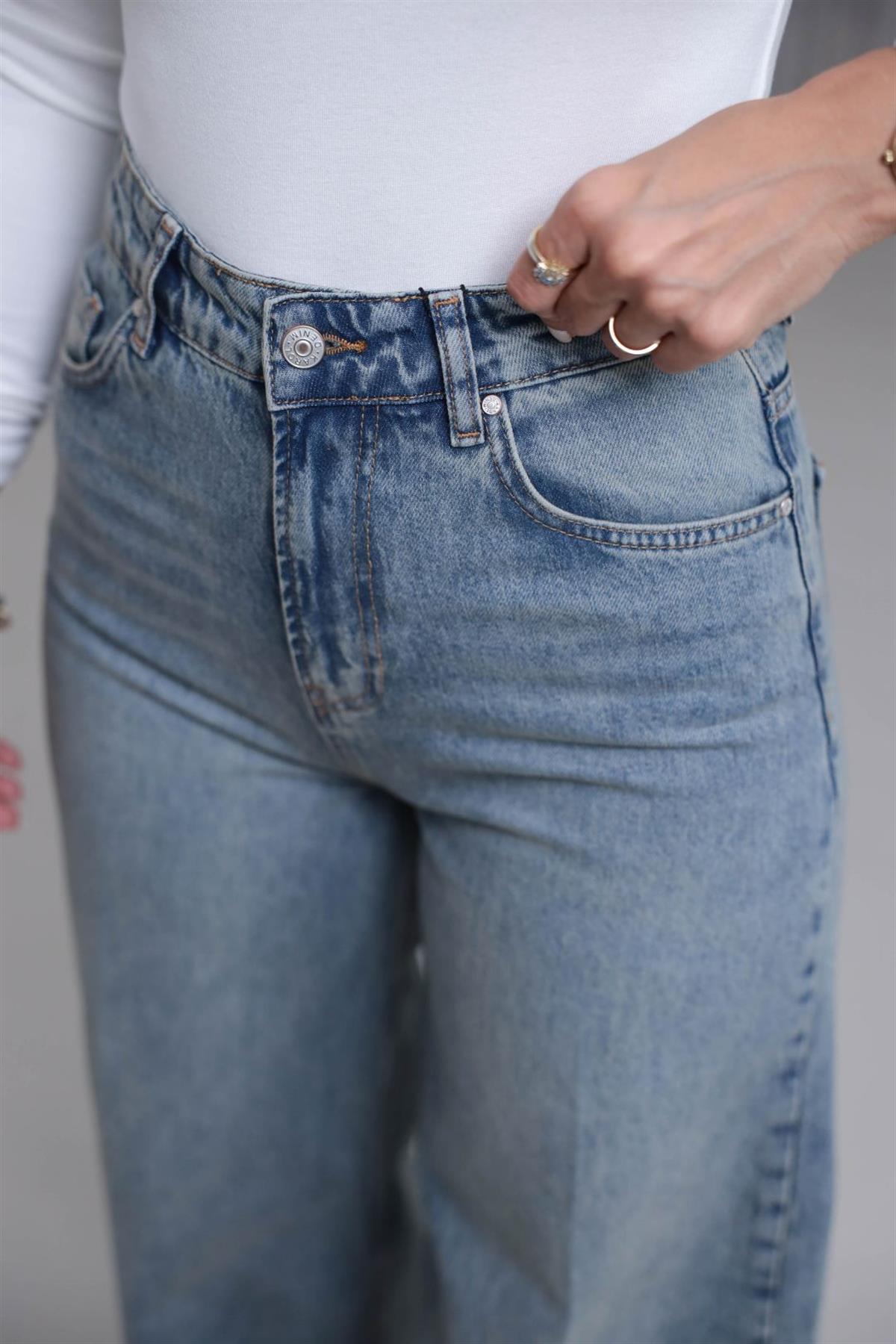 D916 Yüksek Bel Pamuklu Palazzo Jean TİNTLİ MAVİ