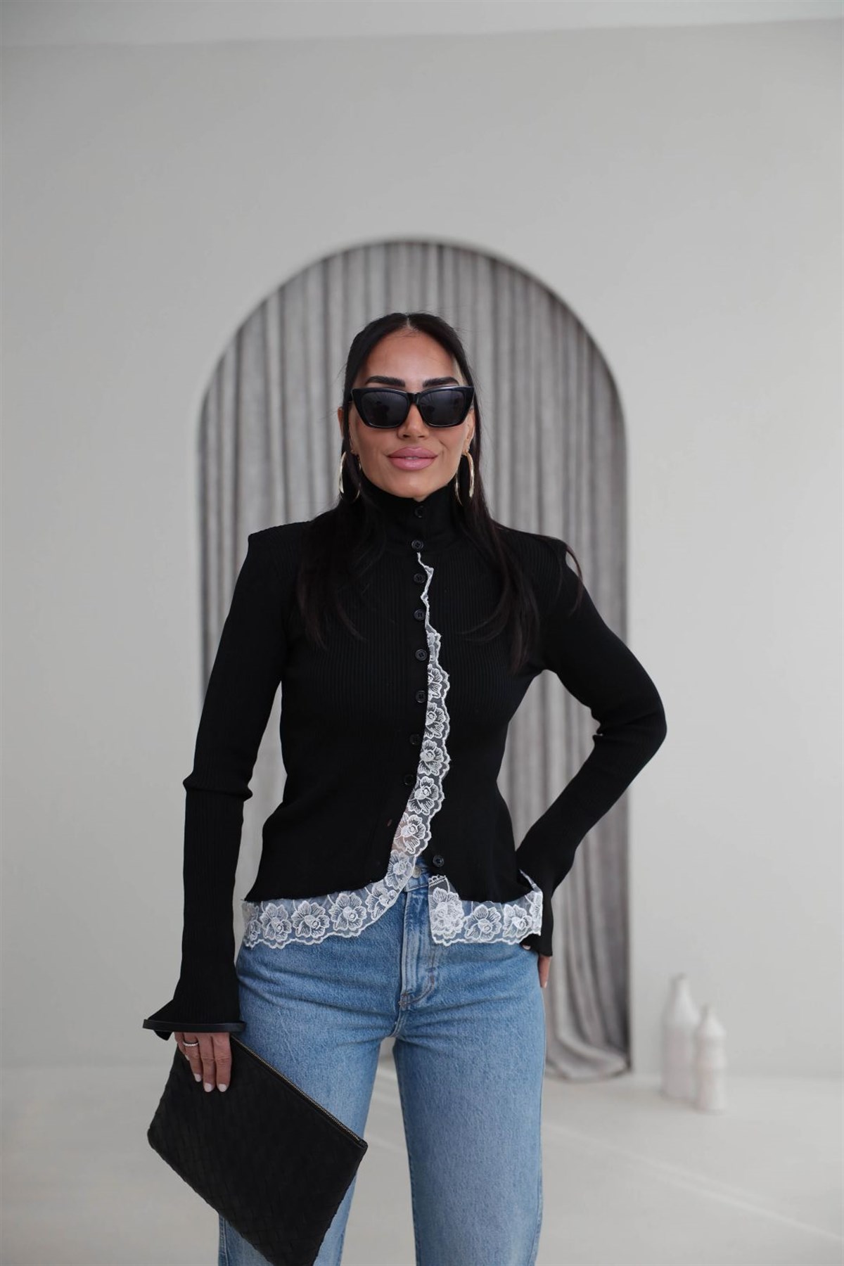 Yarım Balıkçı İspanyol Kol Güpürlü Hırka SİYAH