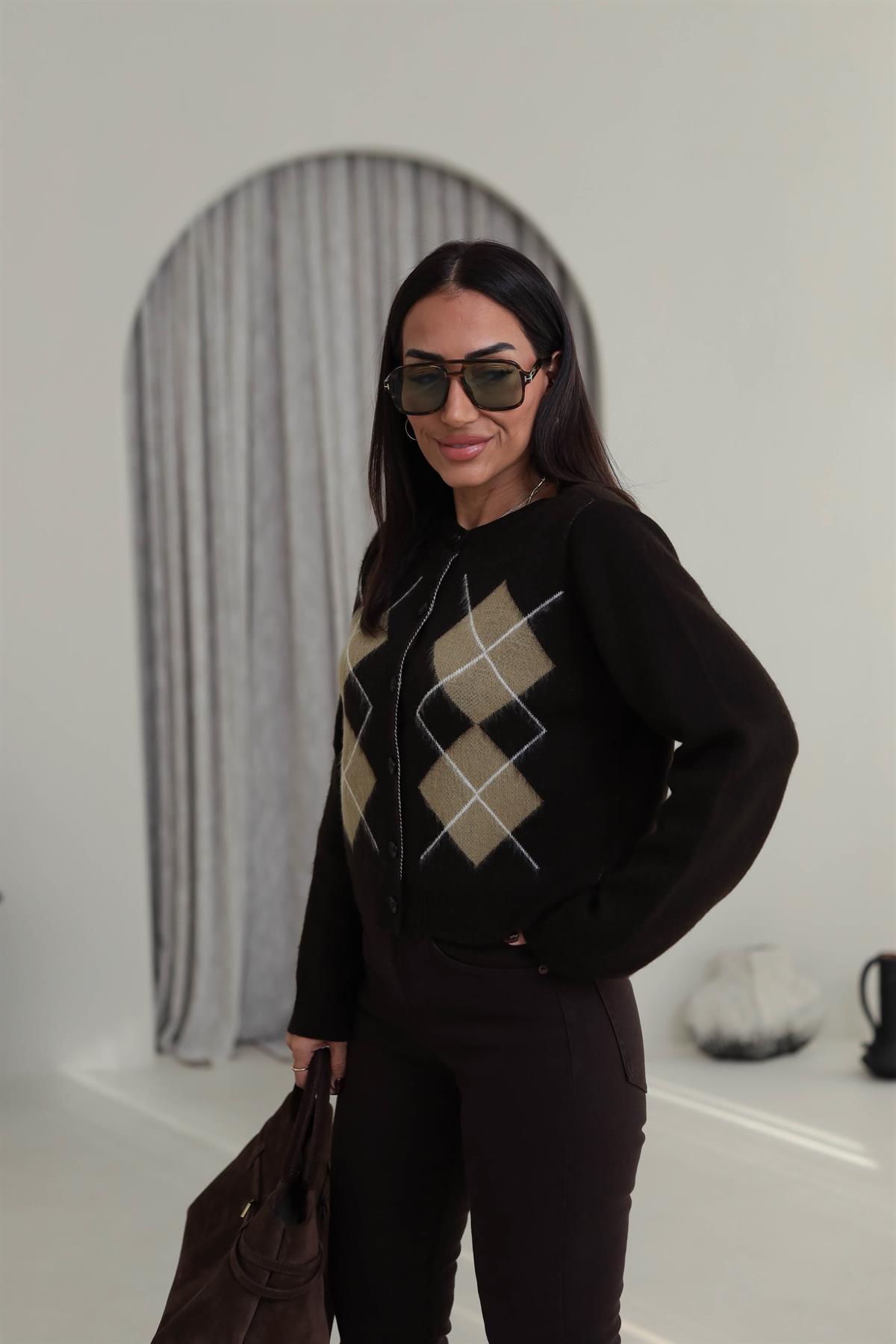 5263 Bisiklet Yaka Baklava Desen Massi Hırka KAHVE