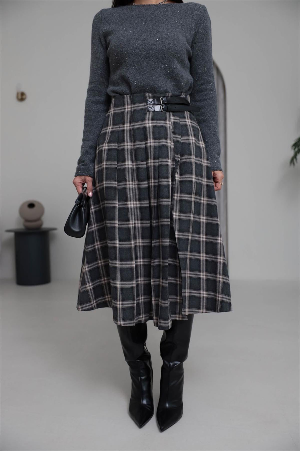 4228 Çift Kemer Detaylı Ekose Etek FÜME