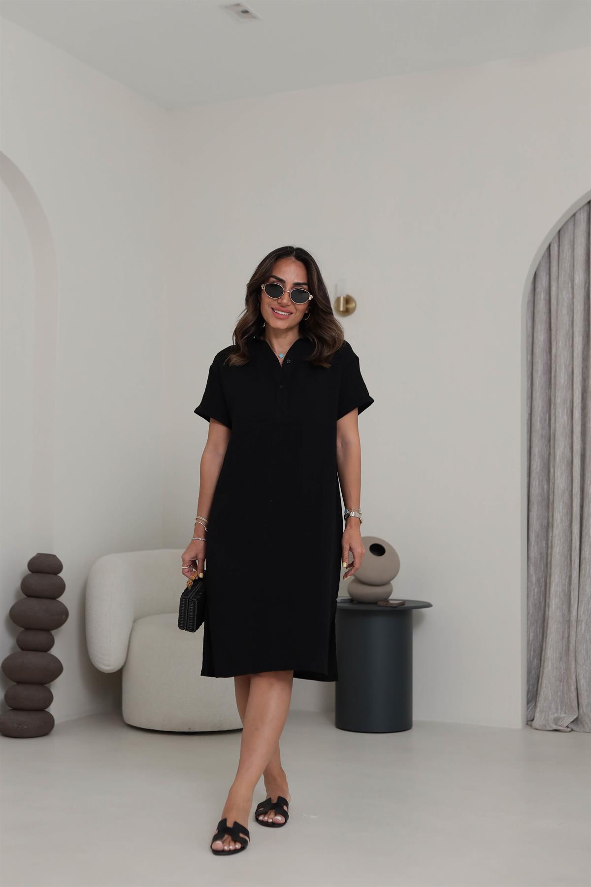 70222 Müslin Kısa Kollu Elbise SİYAH