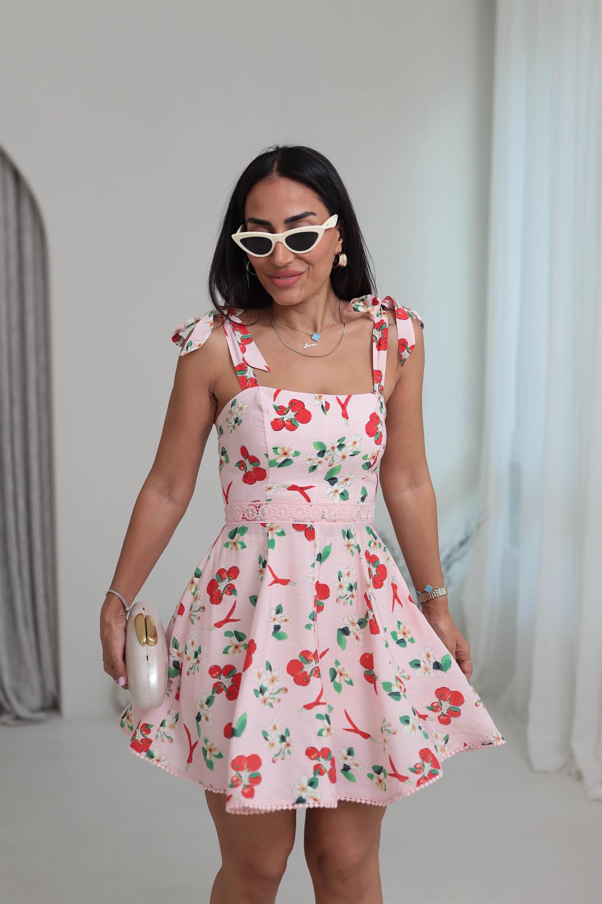 0408 Askıları Bağcıklı Desenli Elbise PEMBE