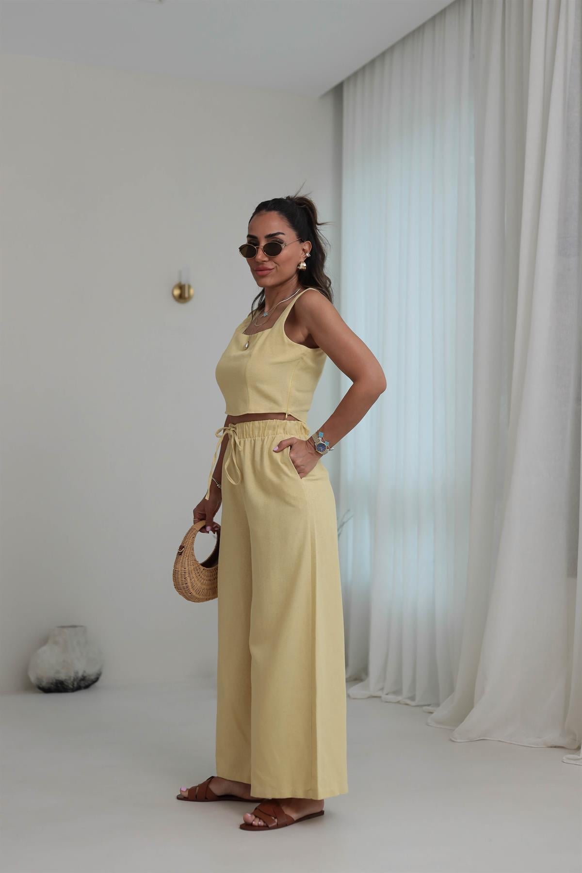9381 Keten Kare Yaka Büstiyer Pantolon Takım SARI