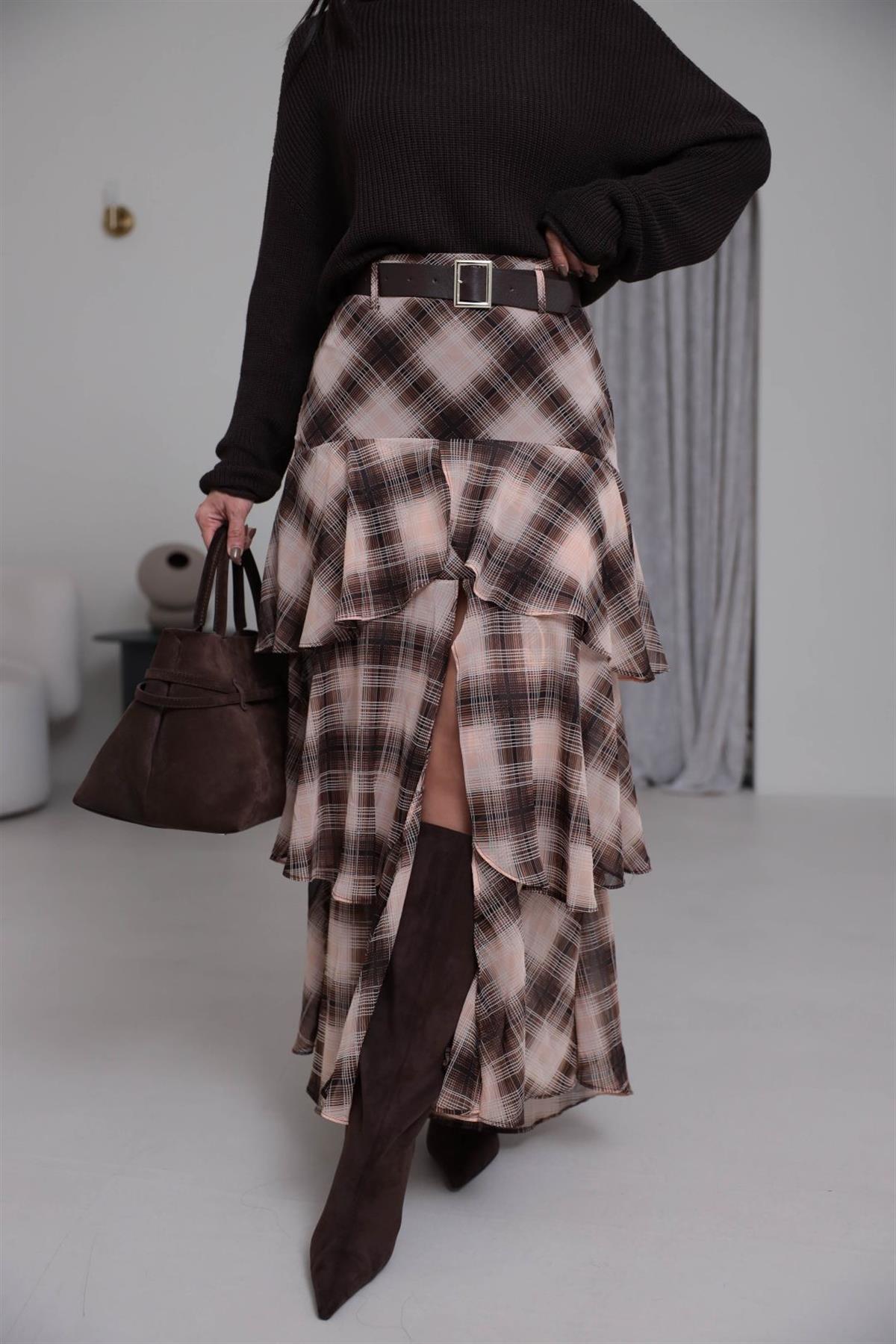 7205 Kemerli Katlı Şifon Etek BEJ-KAHVE