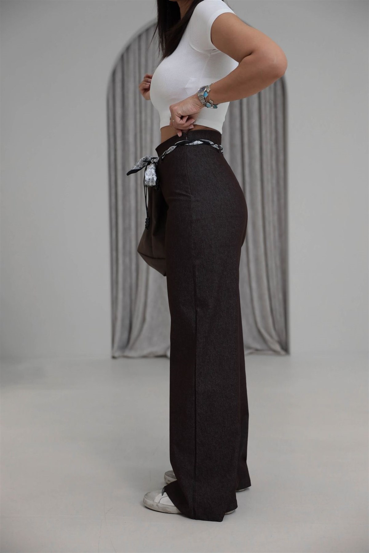 1770 Fularlı Full Likralı Bol Kalıp Pantolon KAHVE