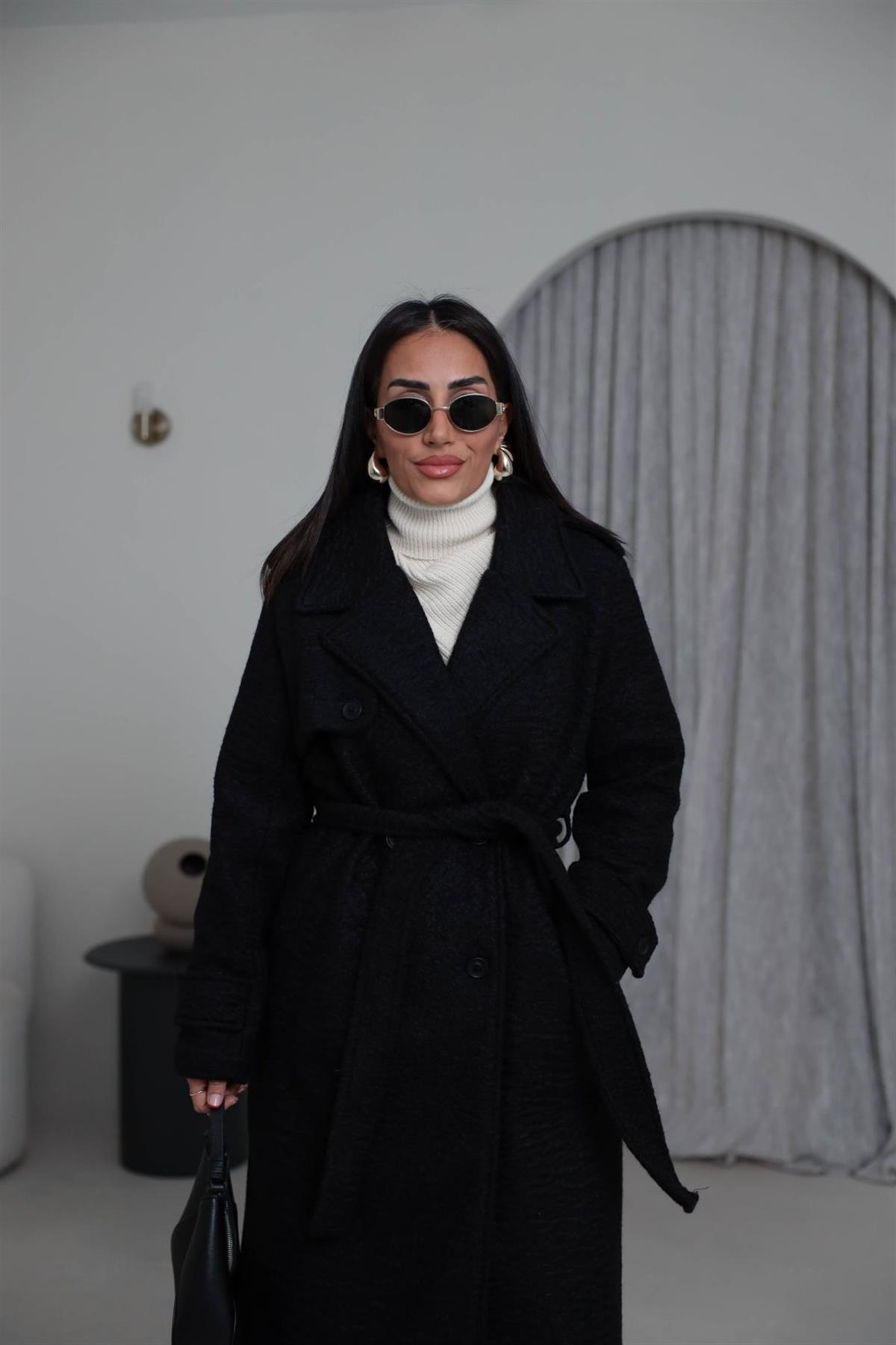 0611 Kuşaklı Apoletli Kaşe Kaban SİYAH