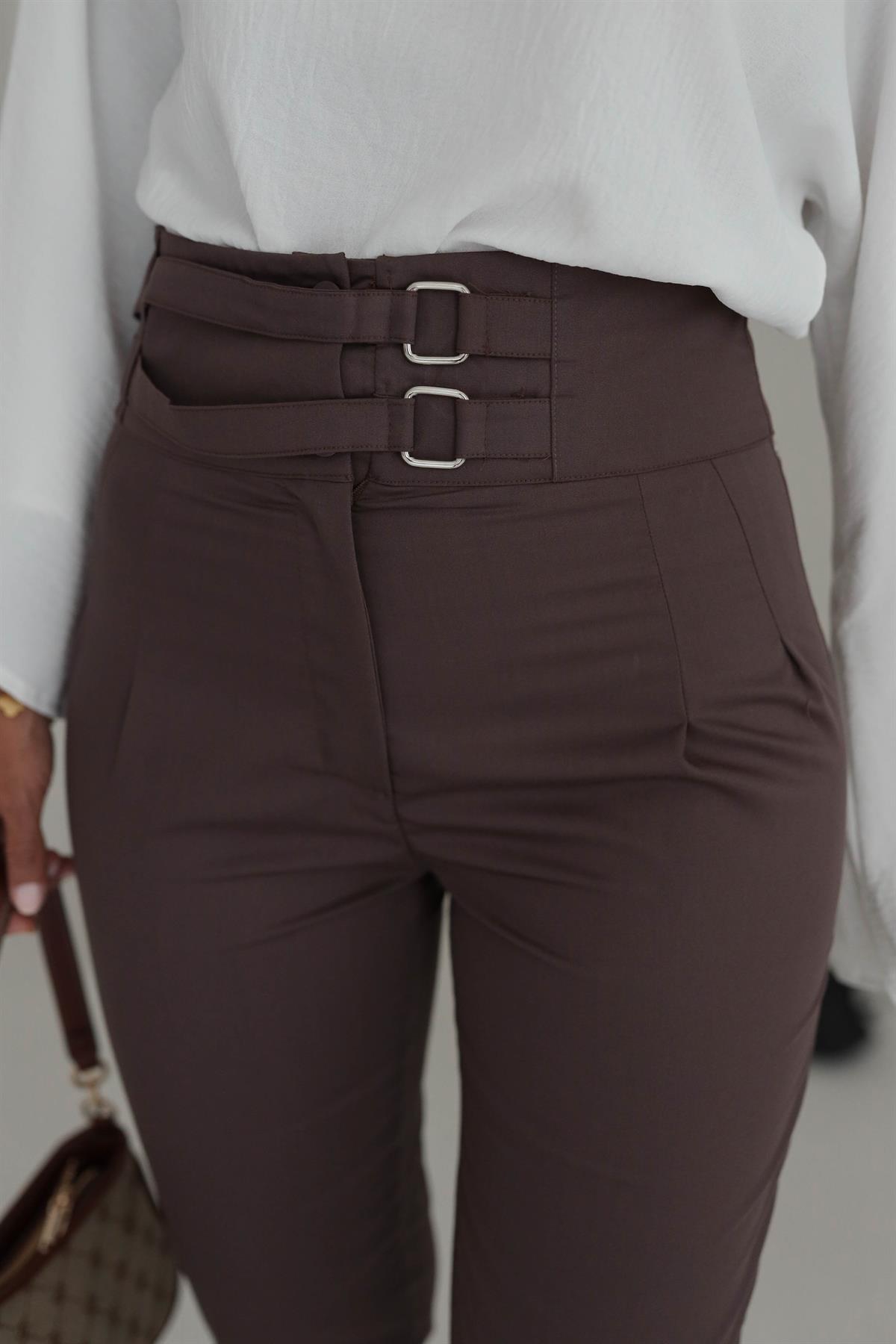 Çift Kemerli Yüksek Bel Pantolon
