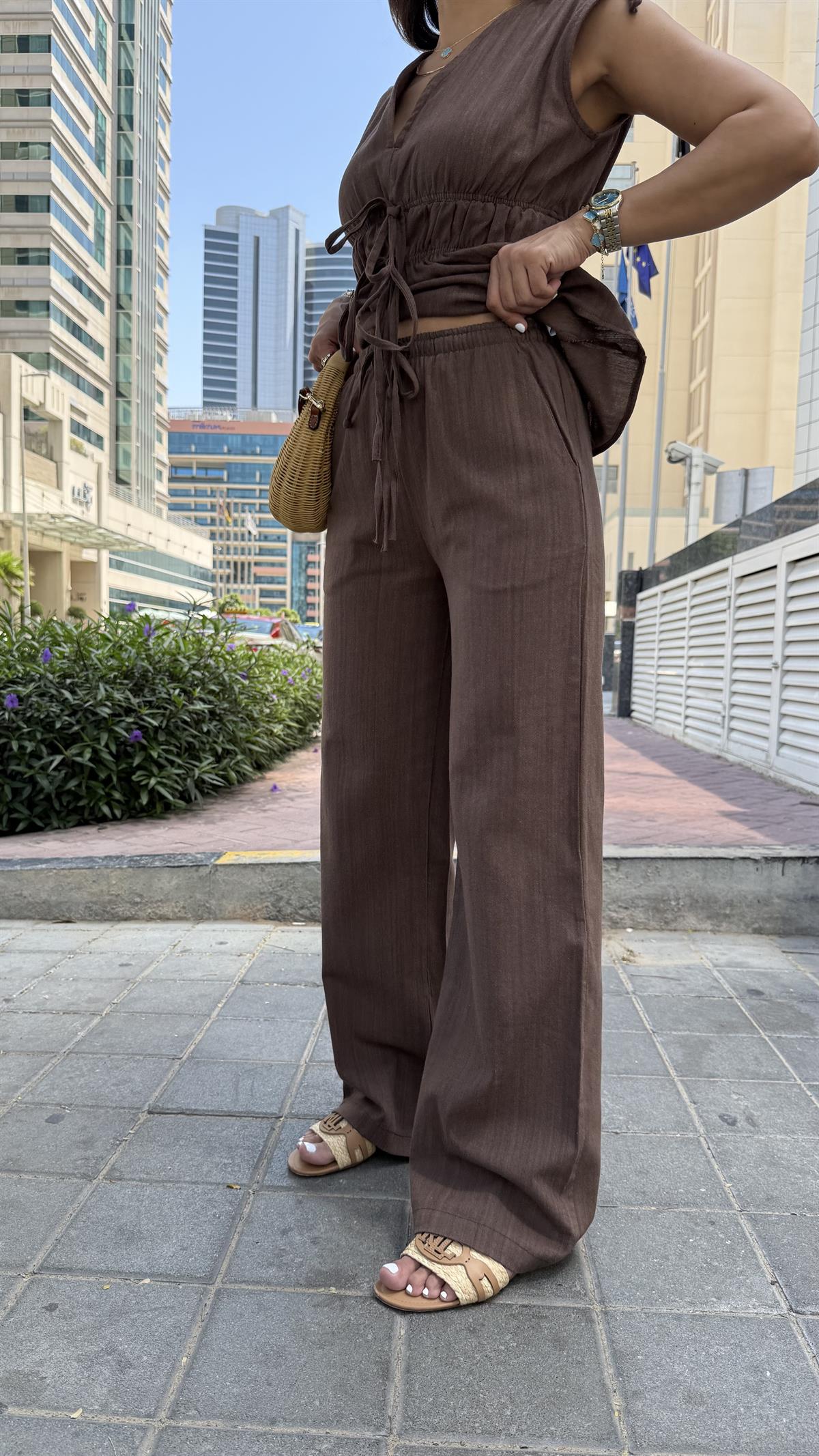 DXB Büzgü Detaylı Bel Lastikli Keten Takım KAHVE