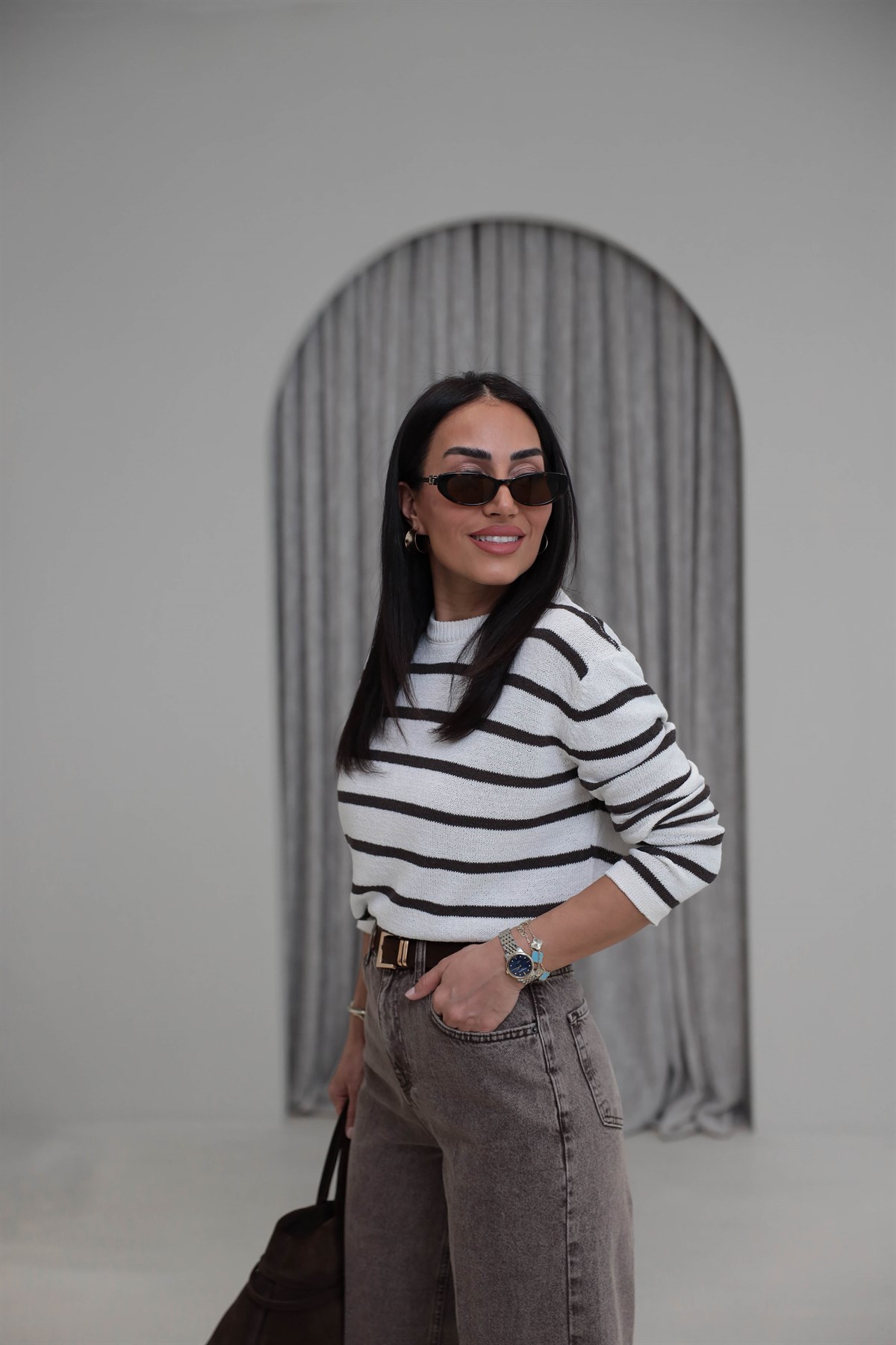 1032 Çizgili Triko Bluz EKRU