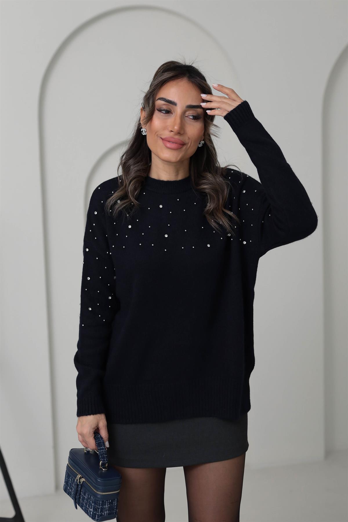 4243 Boncuk Ve Taş Detaylı Triko Kazak LACİVERT