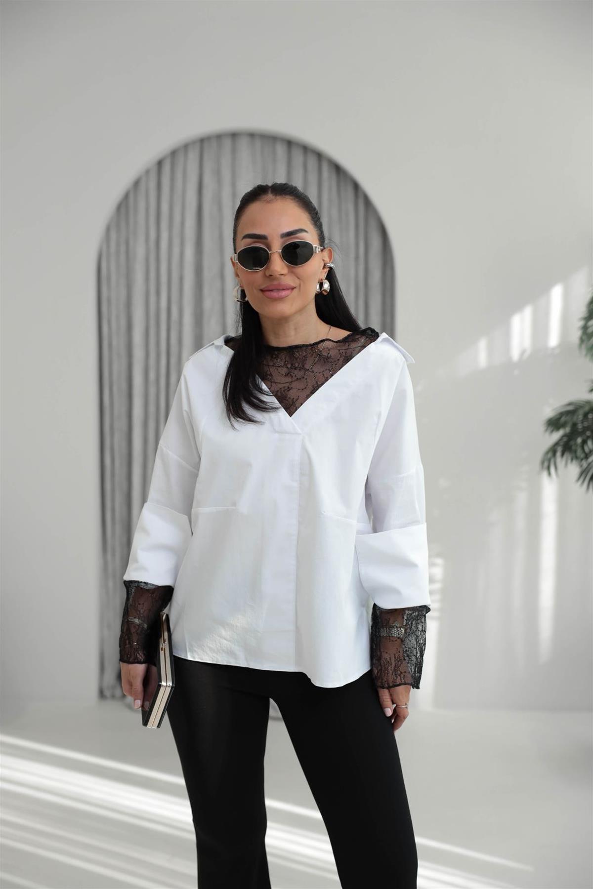 0826 Dantel Detaylı Tasarım Gömlek BEYAZ