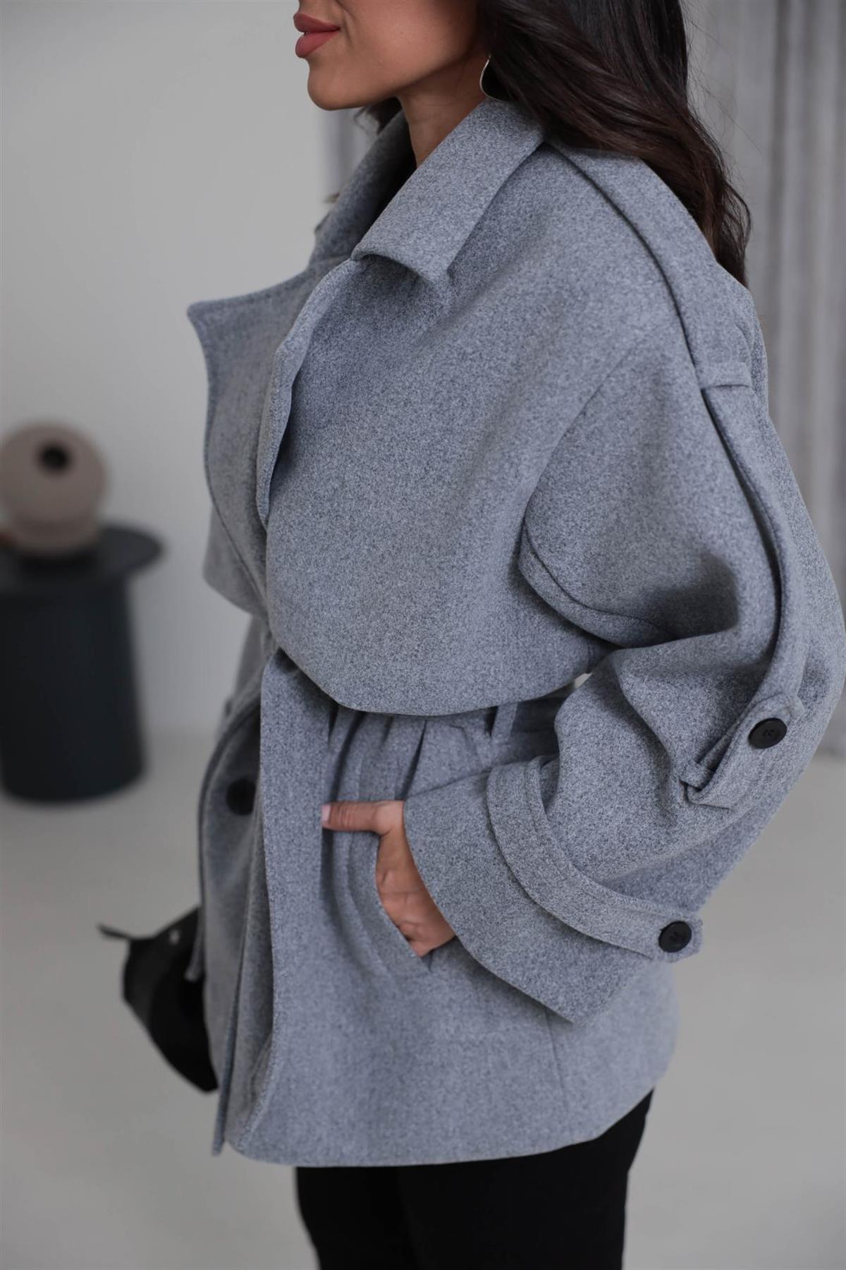 9669 Kuşaklı Oversize Premium Kaşe Ceket GRİ