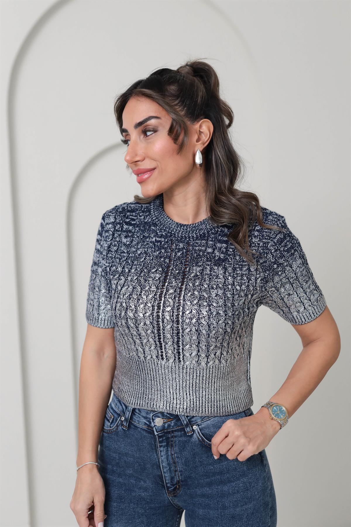 4225 Gümüş Baskılı Kısa Kol Kazak LACİVERT