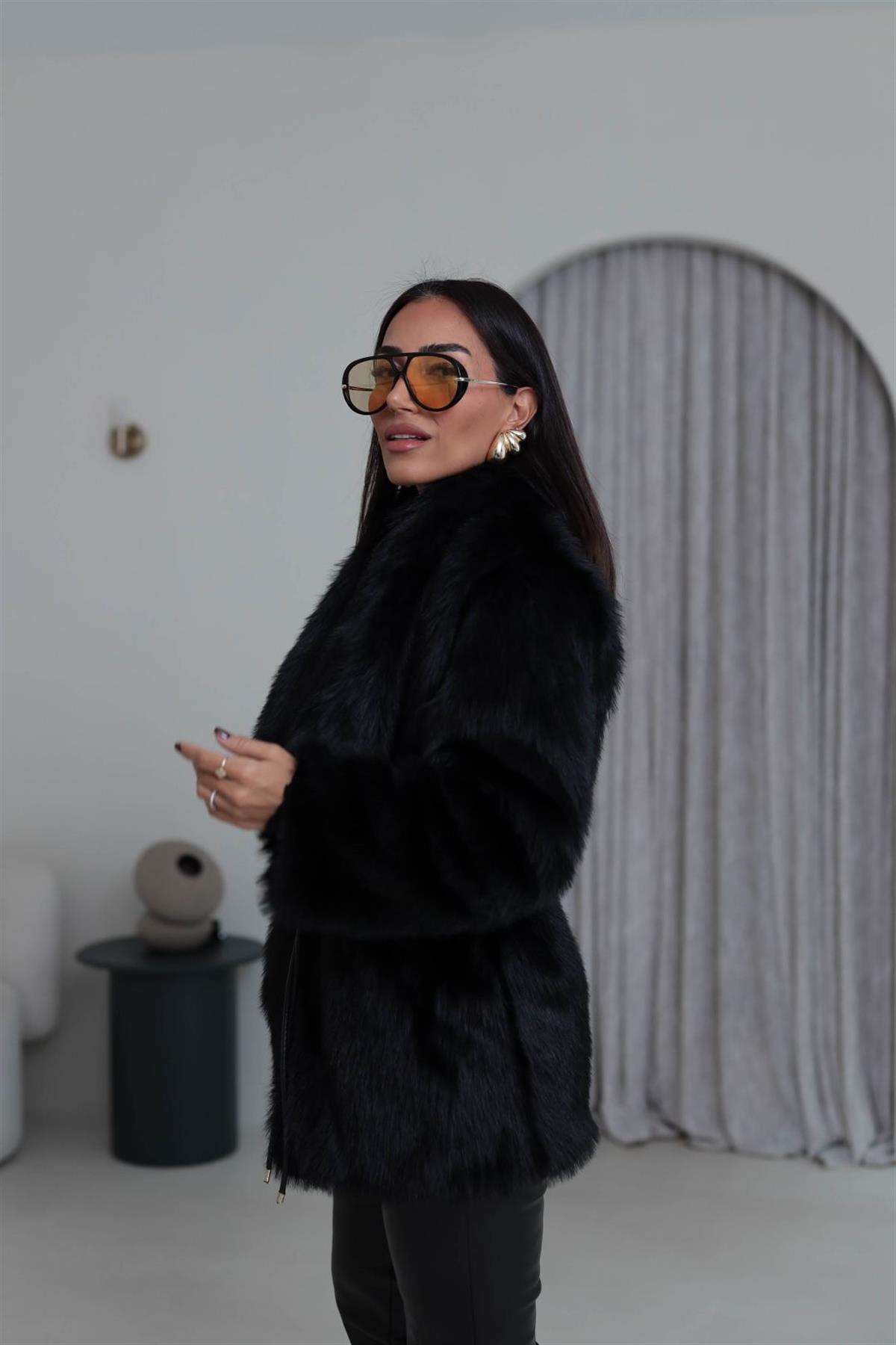Yakalı Kemerli Suni Kürk Kaban SİYAH