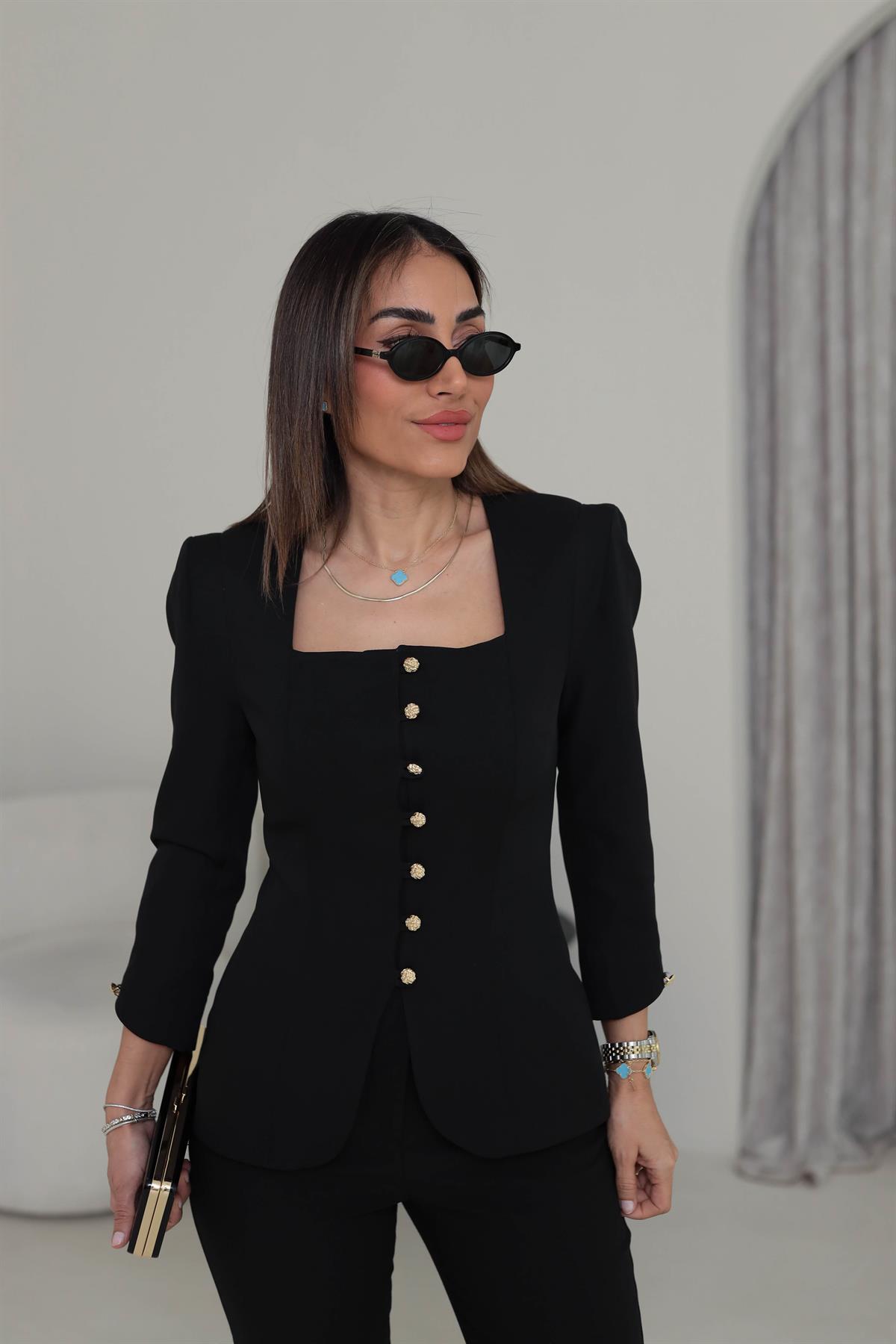 8637 Kare Yaka Gold Düğmeli Blazer Ceket SİYAH